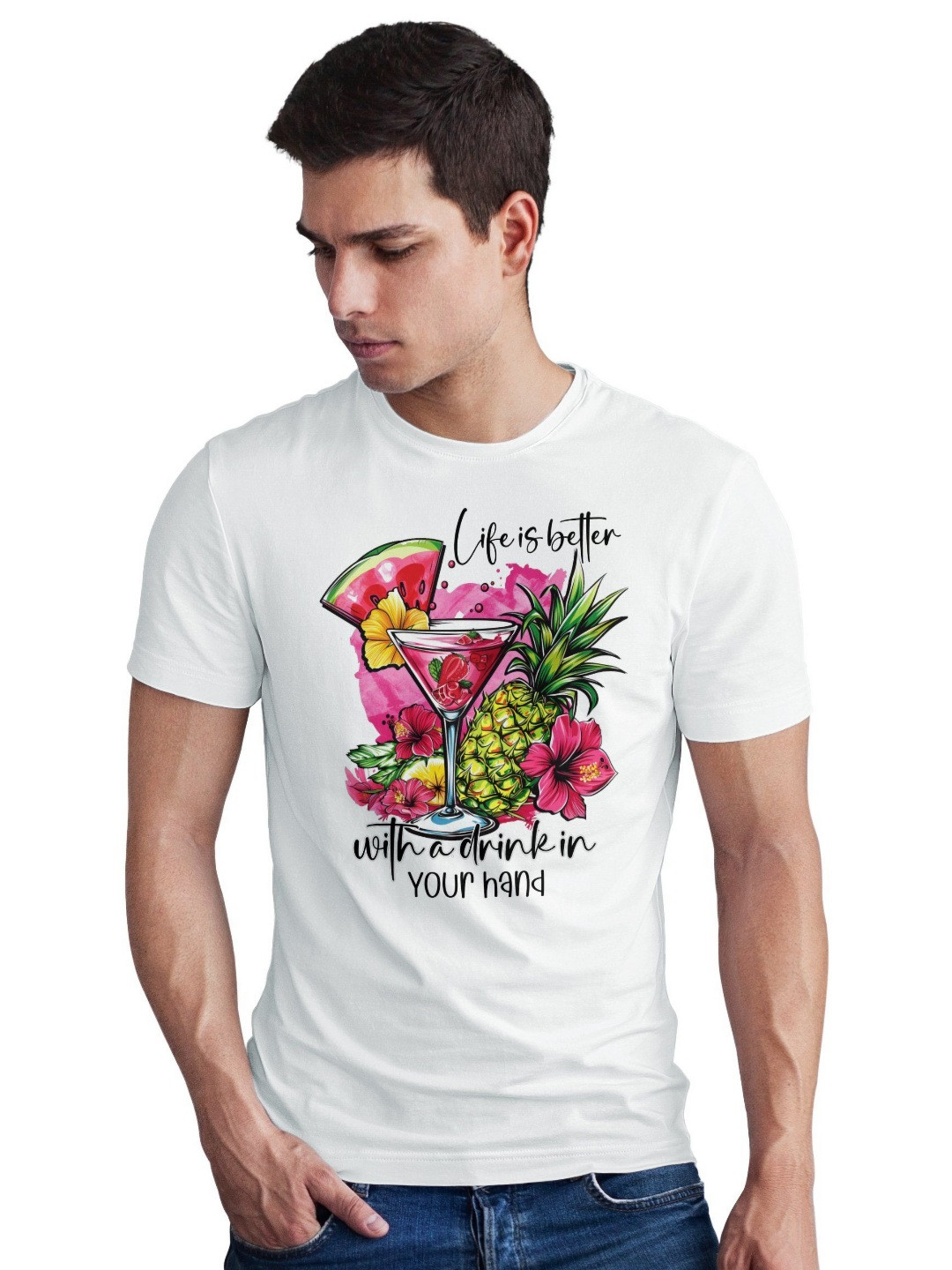 Seekbuylove Men Bio Finish Tropical Drink Round Neck Pure Cotton T-shirt