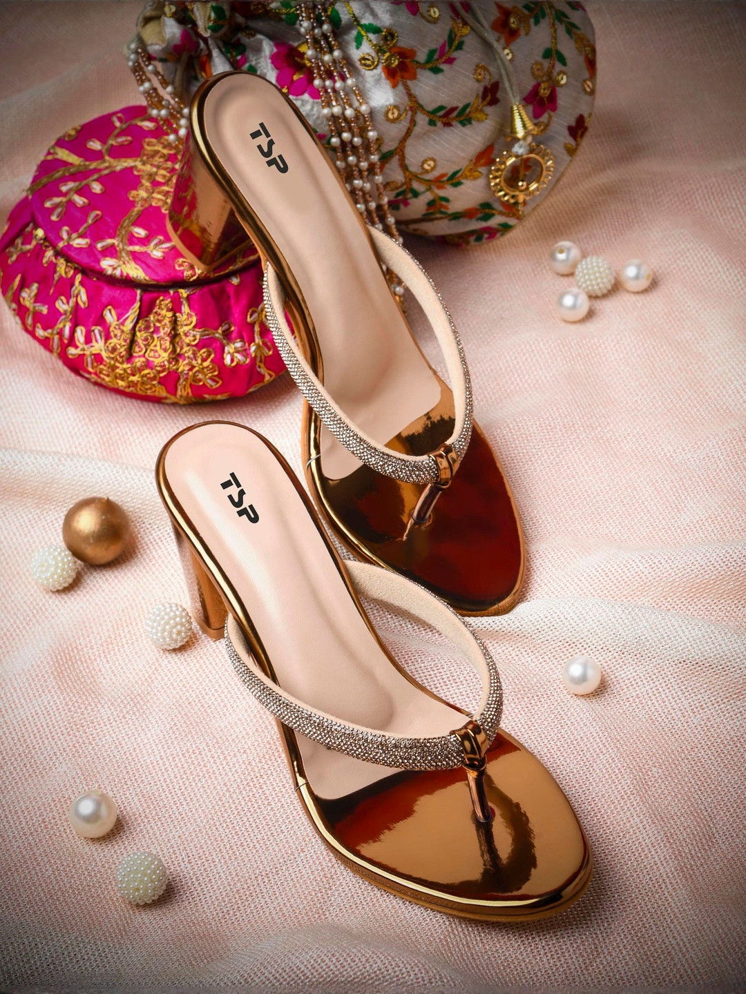 THE STHAPAK BLESS YOUR FEET Women Gold Synthetic Leather Block Heels