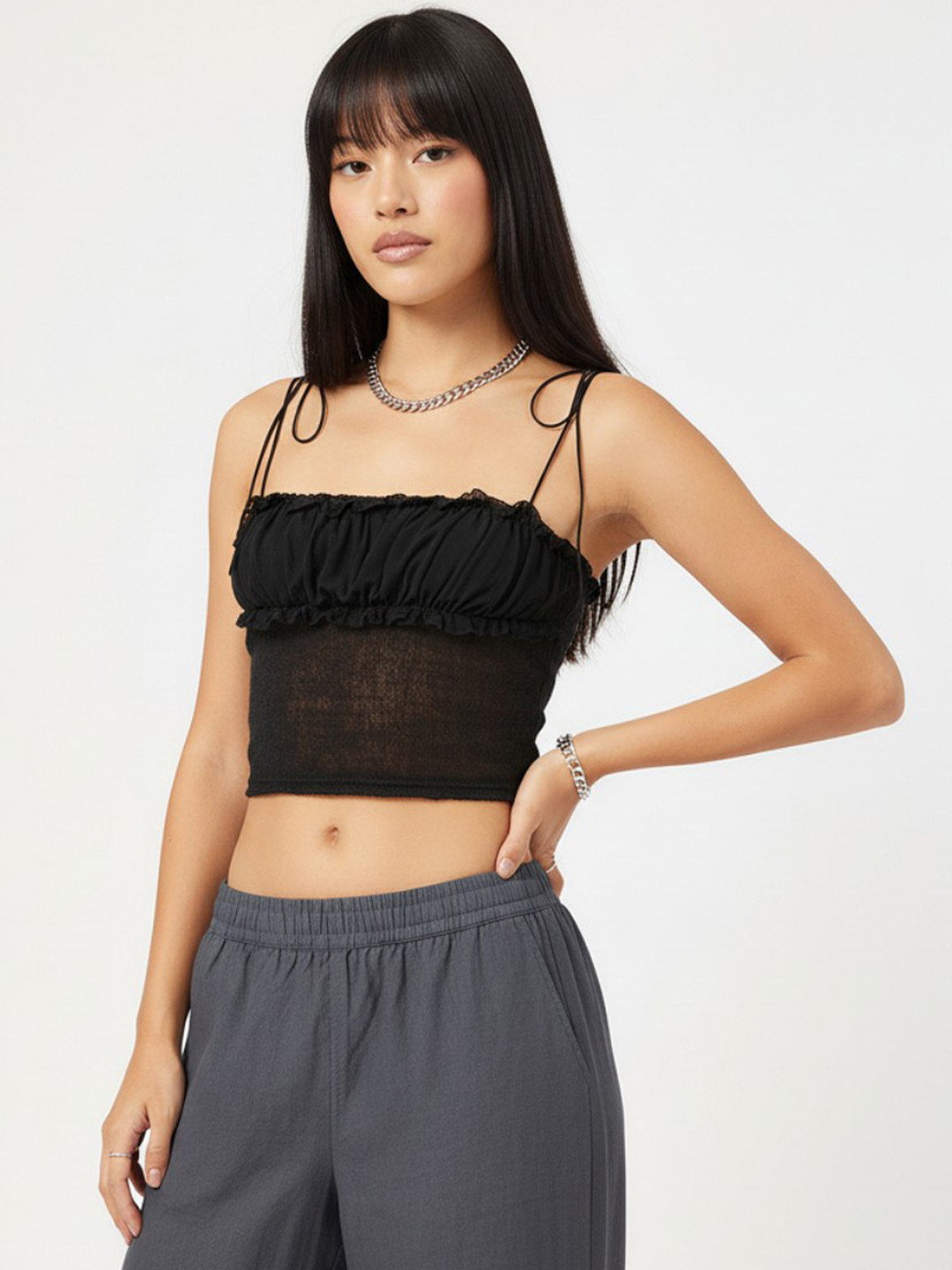 DressBerry Flirty Frills Lace Up Semi-Sheer Crop Top