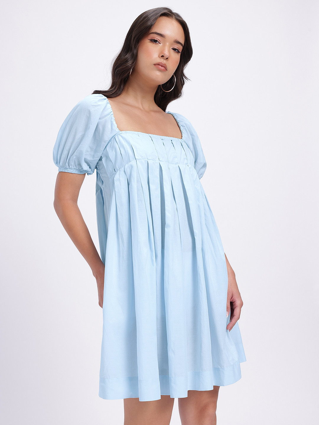 glitchez Pleated Extended Puff Sleeves Empire Dress