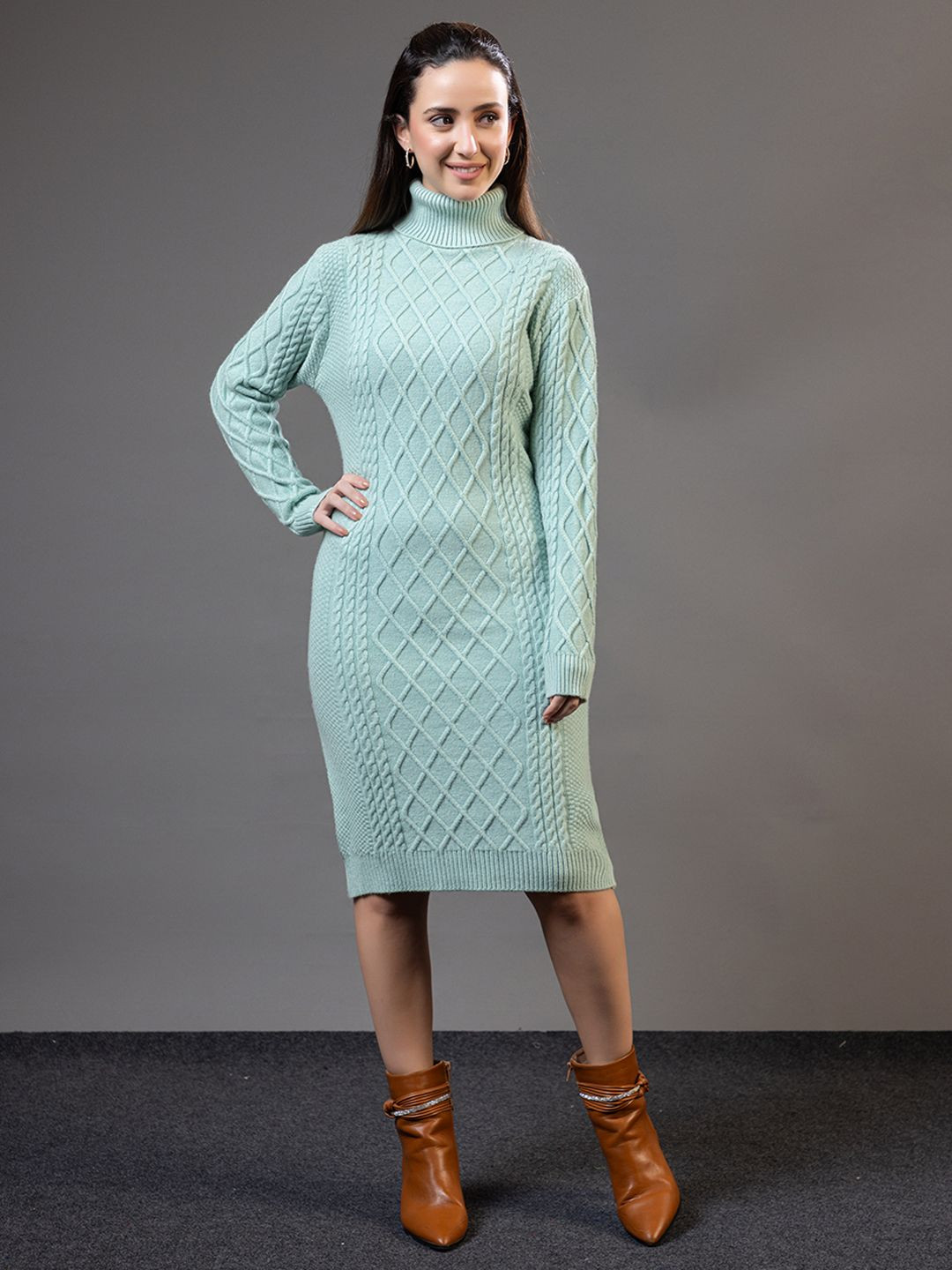 all about you Women Self Design Turtleneck Full Sleeves Woollen Sweater Dress