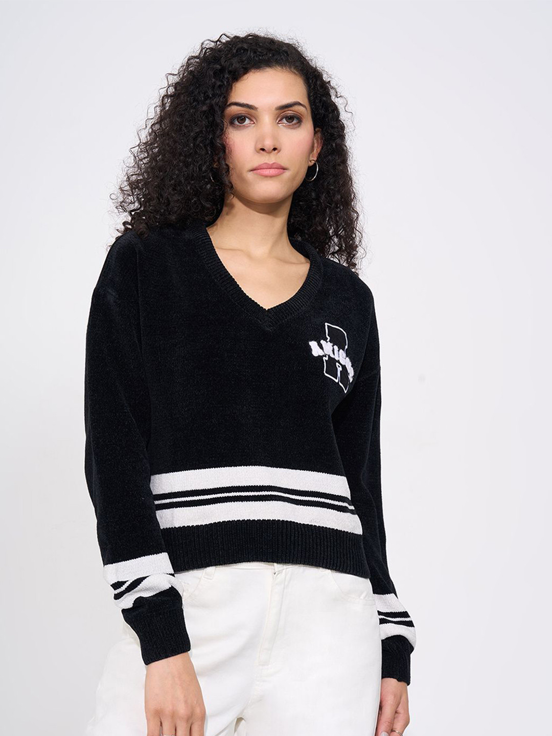 People Women Solid V-Neck Long Sleeves Crop Pullover Sweaters