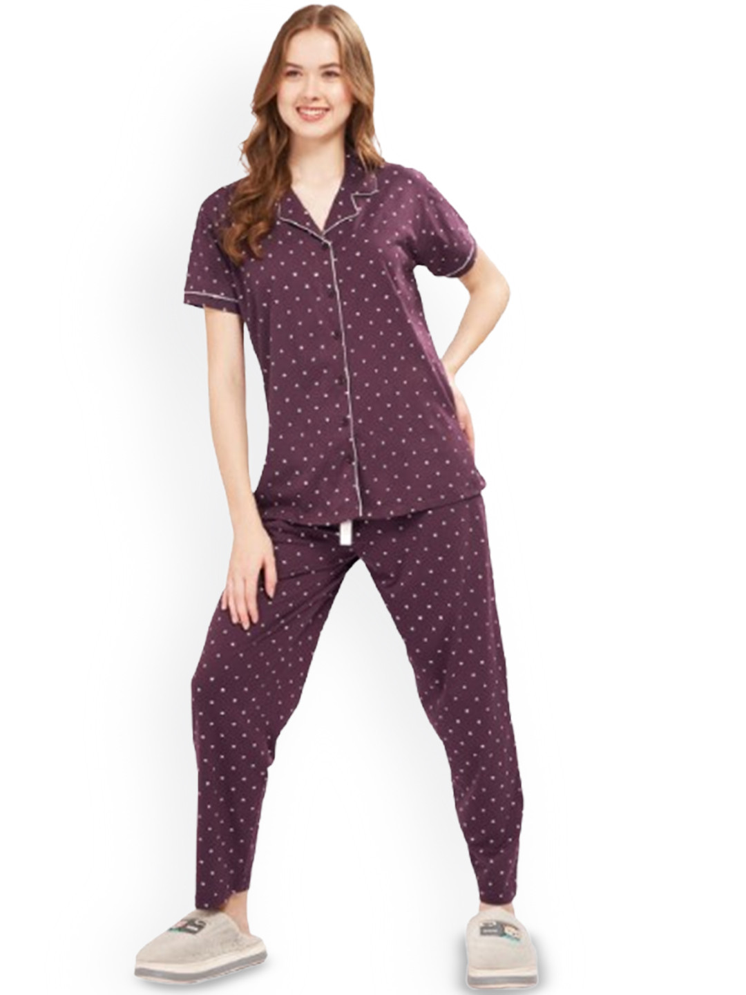 WEET Women Polka Dot Printed Pure Cotton Shirt & Pyjamas Night suit