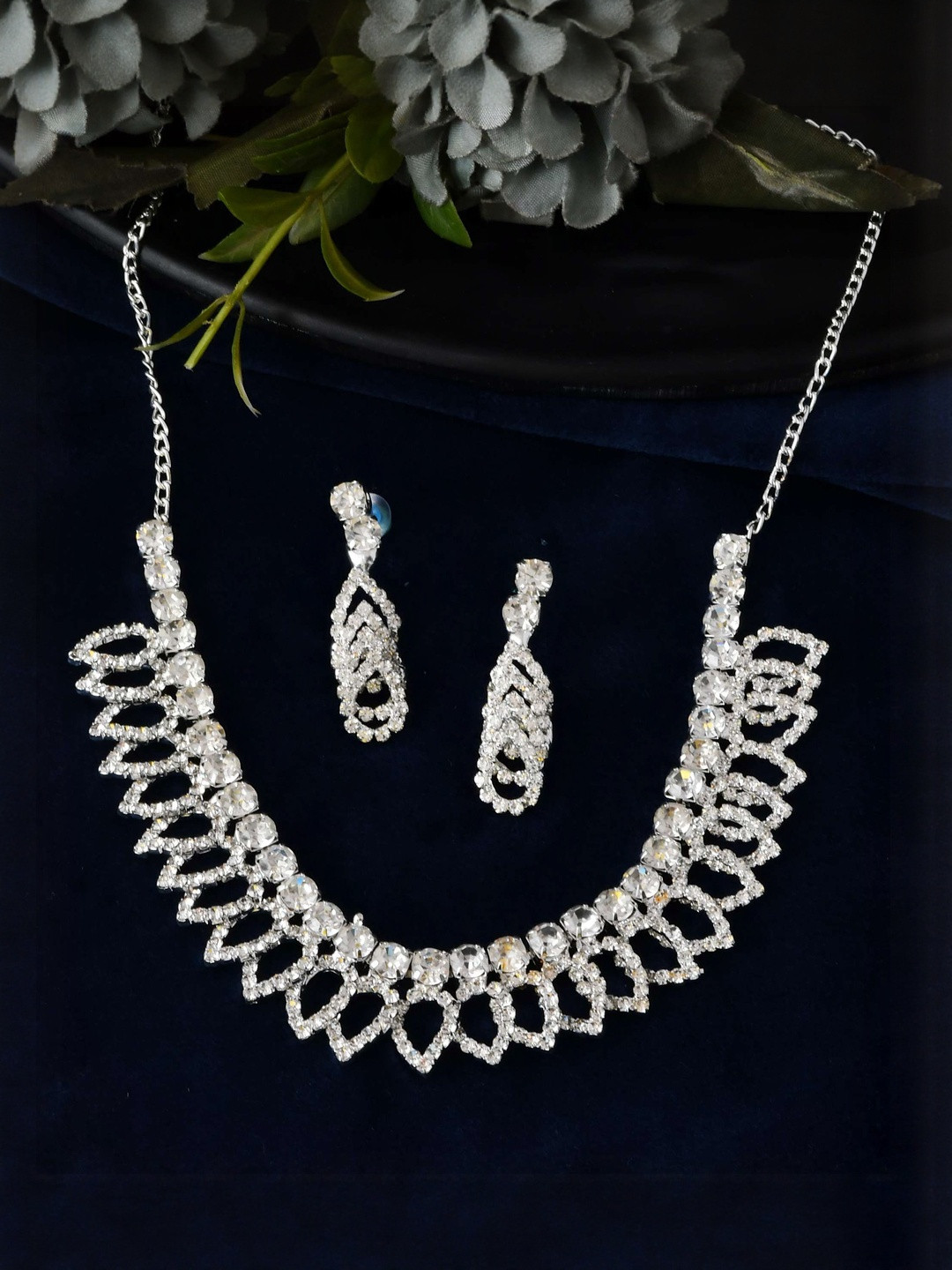 Jewels Nest Women Silver Plated Crystal Studded Sparkling Necklace &Earrings Jewellery Set