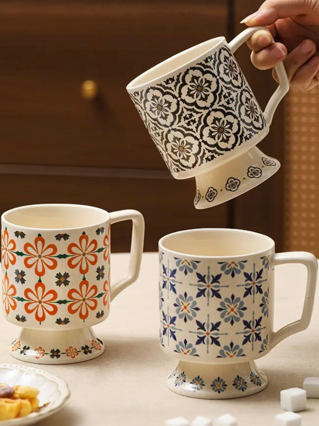 peppy little things Beige & Blue Floral Printed Ceramic Glossy Mugs Set of Cups and Mugs