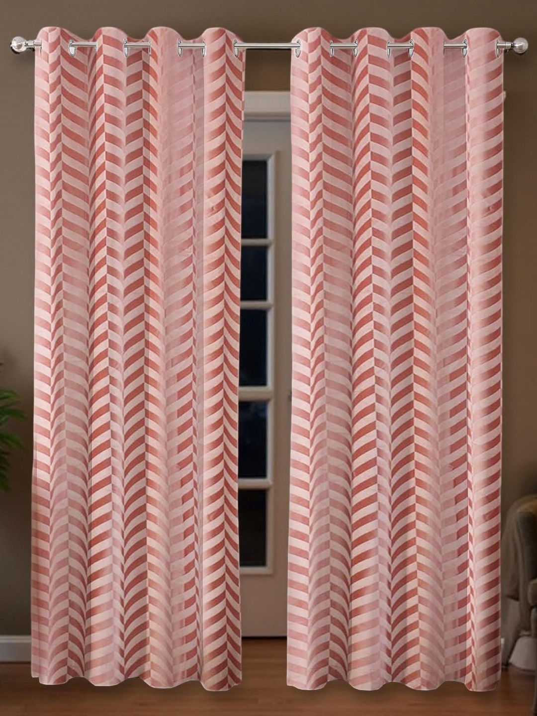 Aura Pink 2 Pieces Geometric Printed Breathable Velvet Black Out Long Door Curtains