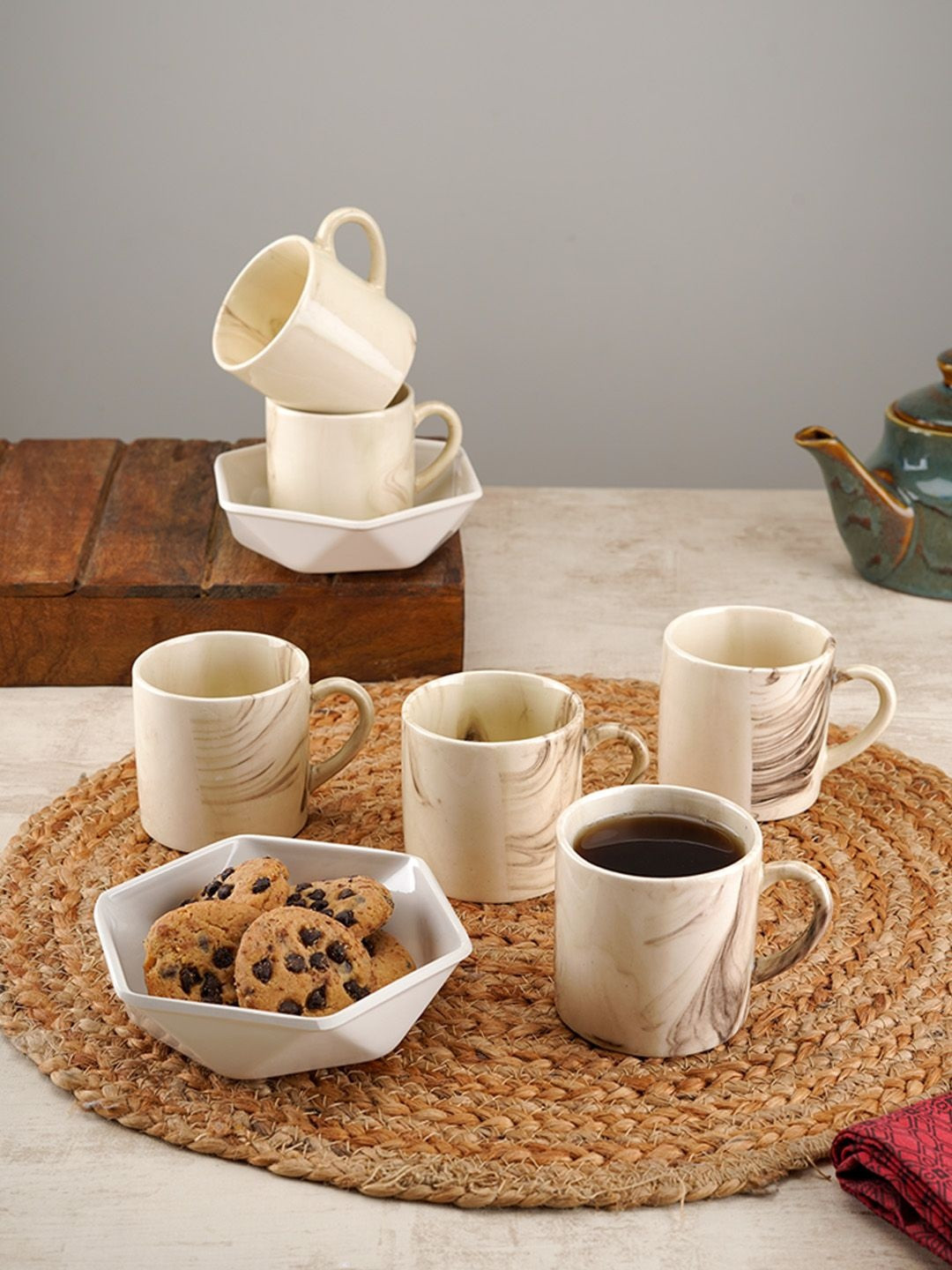 CDI 6-Pcs White & Brown 8 Pieces Printed Ceramic Mug &Bowl