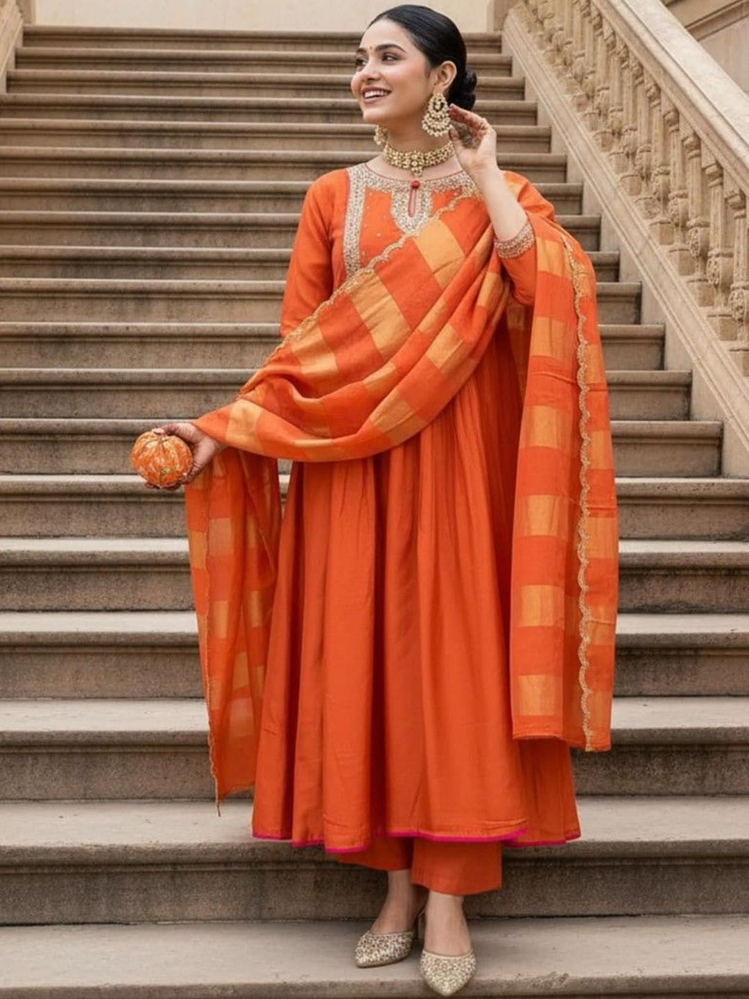 FAST FASHIONS Embroidered Keyhole Neck Thread Work Anarkali Kurta With Trouser & Dupatta