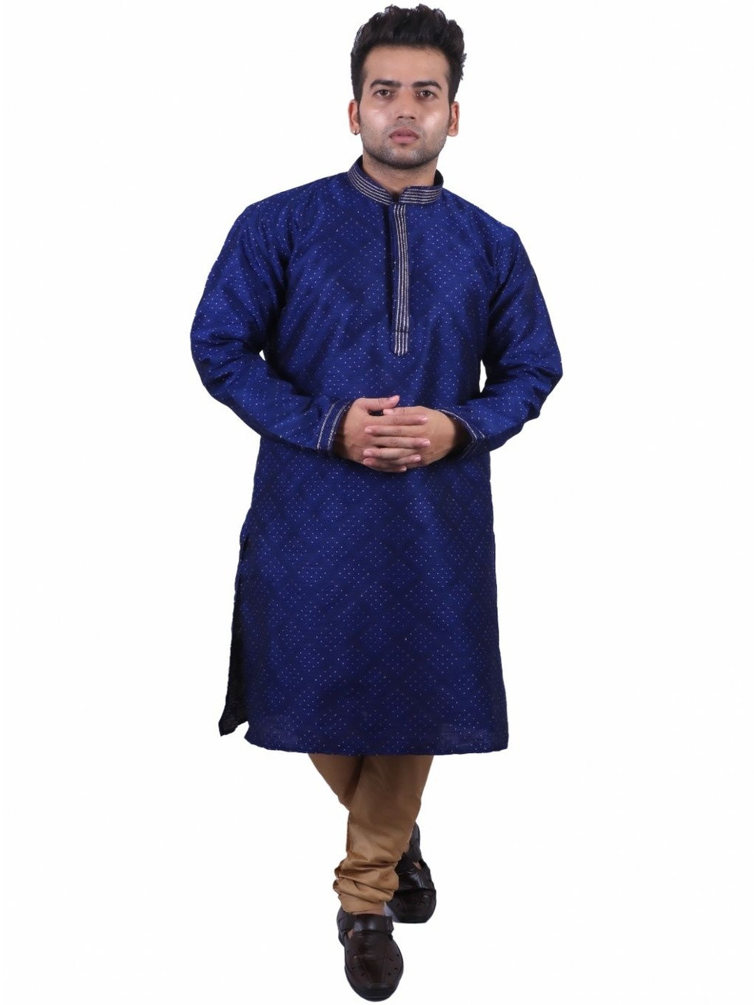 DRAVYA ENTERPRISE Geometric Woven Design Mandarin Collar Straight Kurta with Churidar