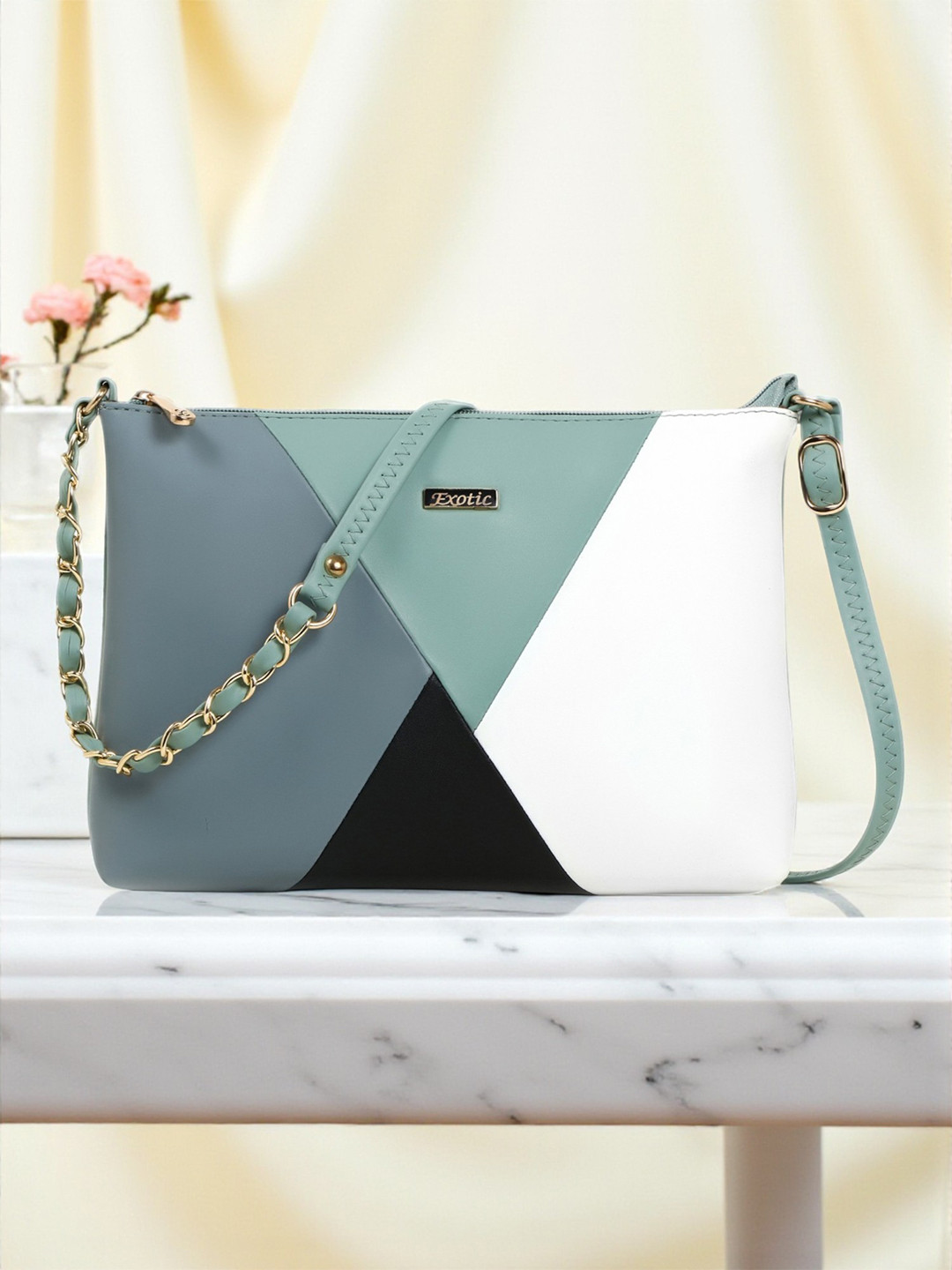 Exotic Green Colourblocked PU Structured Sling Bag
