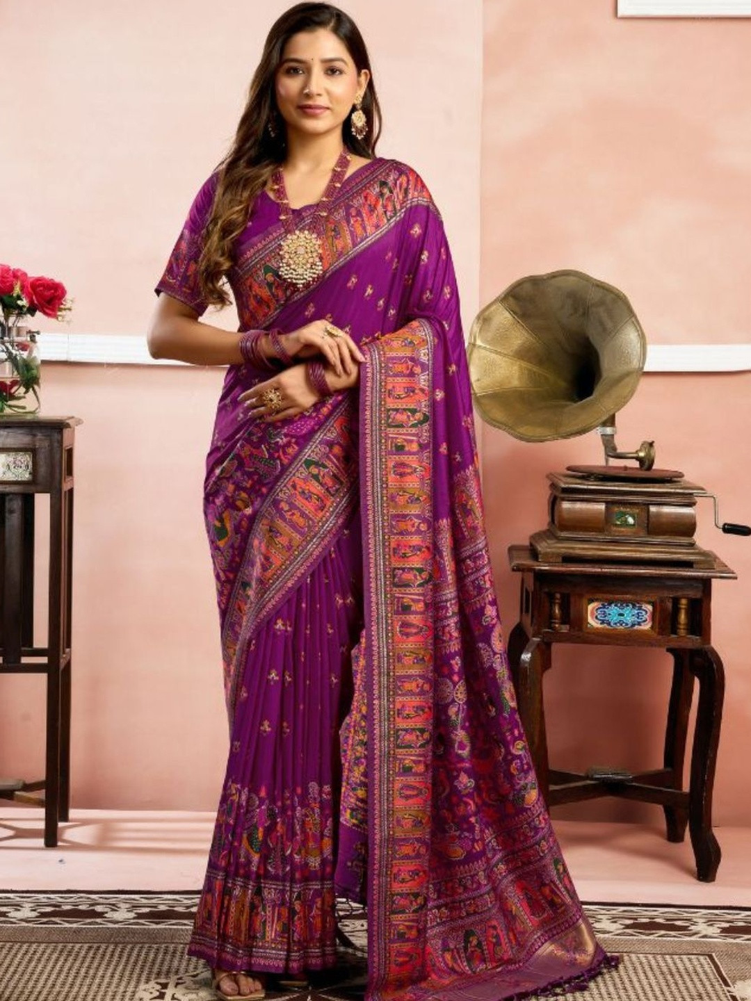 PEACH PIPER Ethnic Motifs Woven Design Banarasi Saree With Blouse