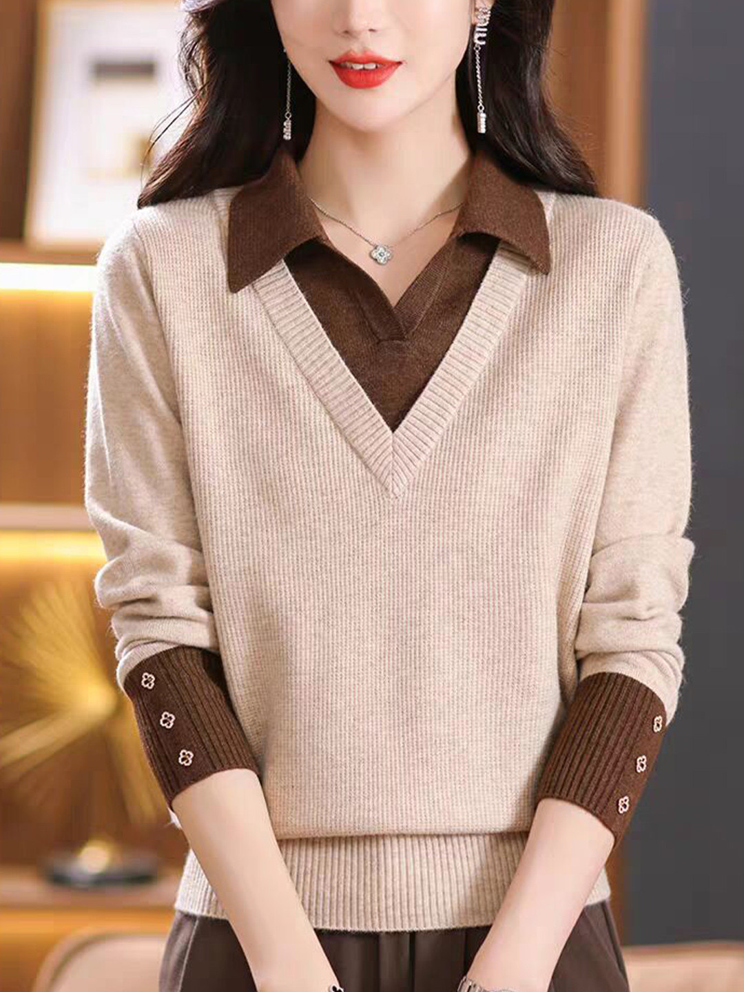StyleCast Two-In-One Collared V-Neck Long Sleeves Ribbed Pullover Sweater