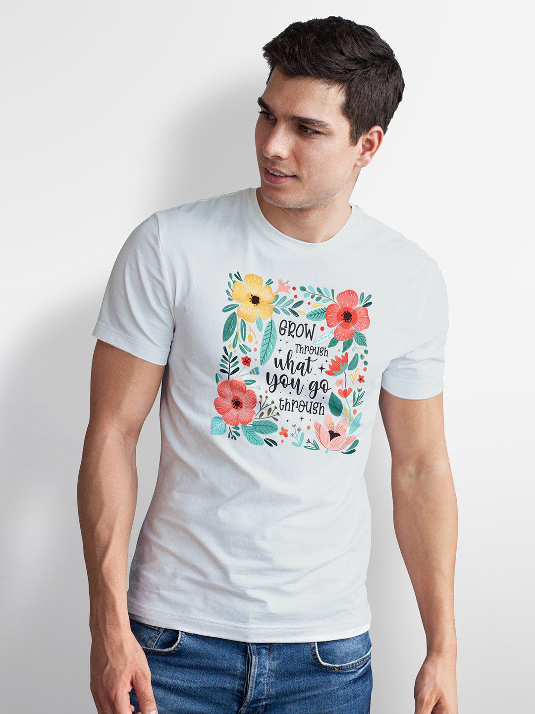 Seekbuylove Men Bio Finish Grow Through What You Go Round Neck Pure Cotton T-shirt