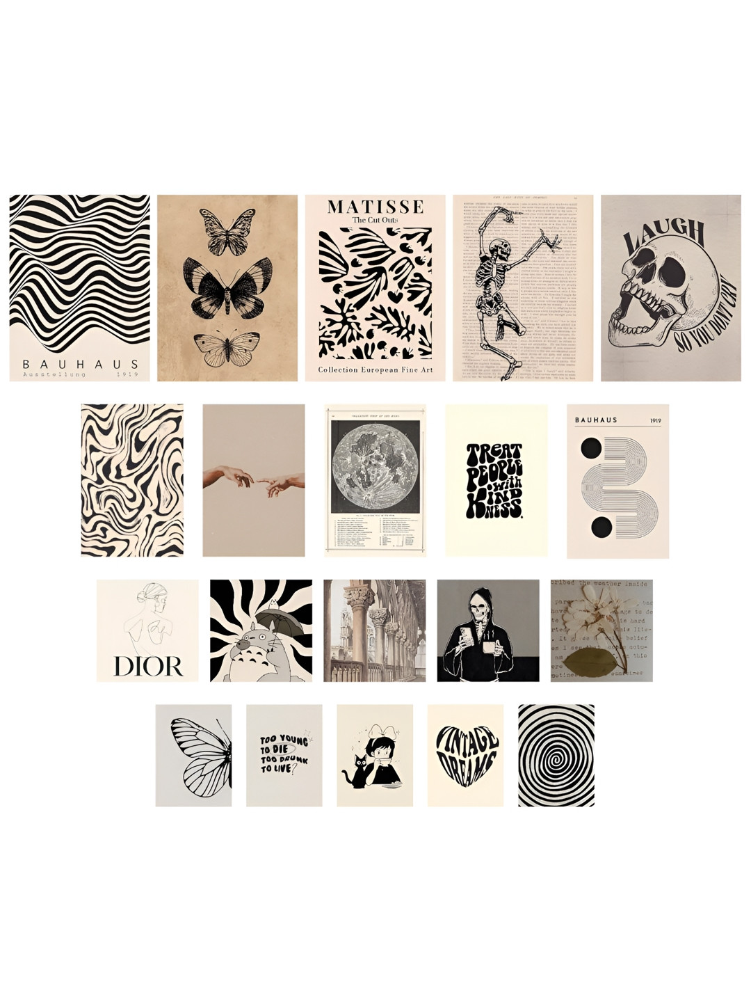UNQUOTE  Black & White 20 Pieces Vintage Boho Collage Wall Stickers