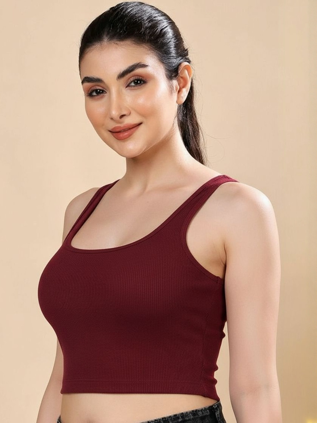 GLOWBERRY Square Neck Ribbed Fitted Crop Top
