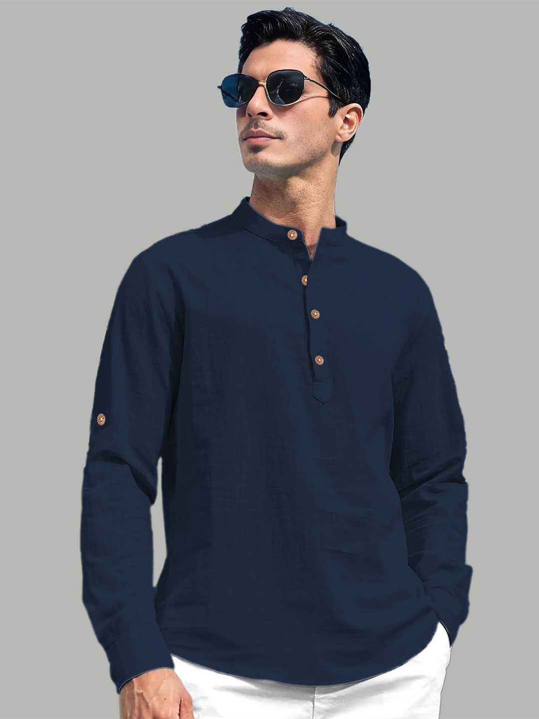 TrendiVastra Band Collar Roll-Up Sleeves Stright Kurta