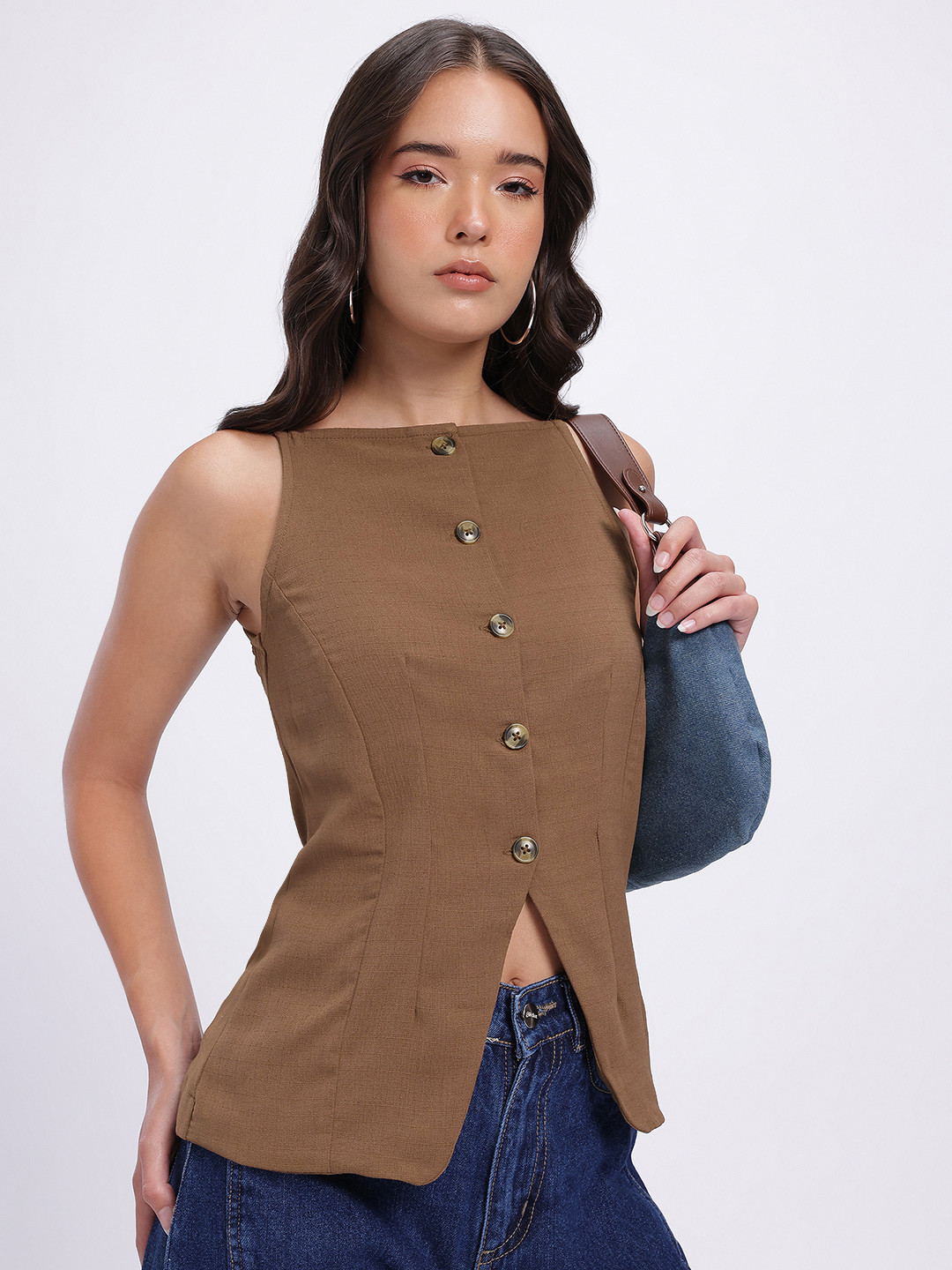 glitchez Boat Neck Top With Front Slit & Button Closure