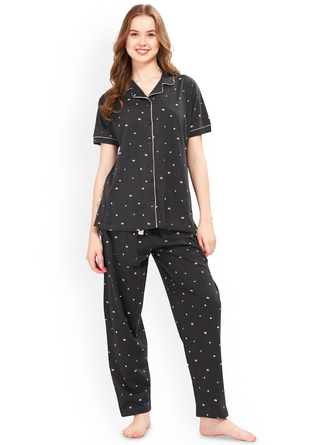 WEET Women Graphic Printed Night Suit Shirt & Pajama Set