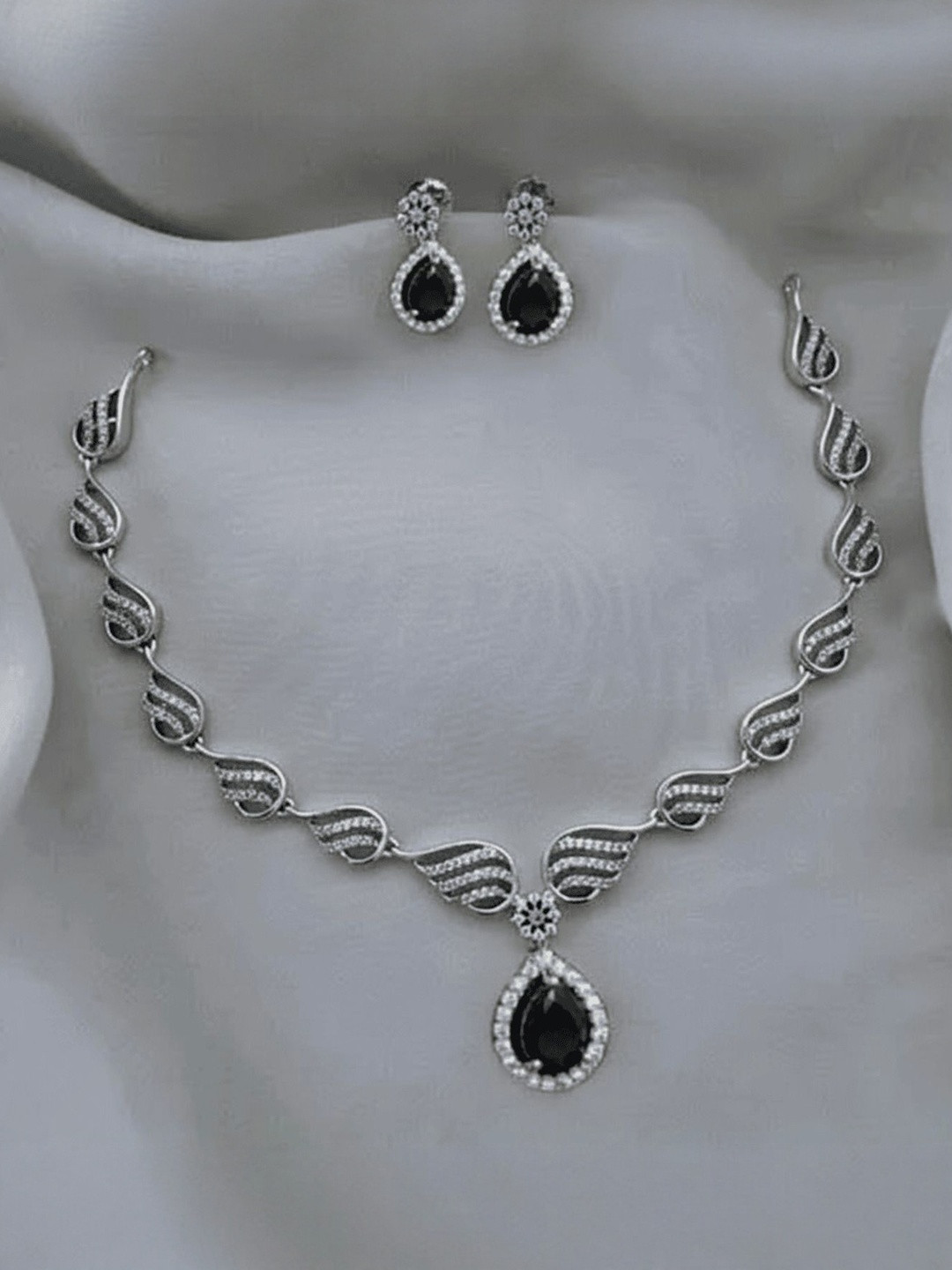 FANCY KF Women Silver-Plated American Diamond-Studded Necklace With Earrings