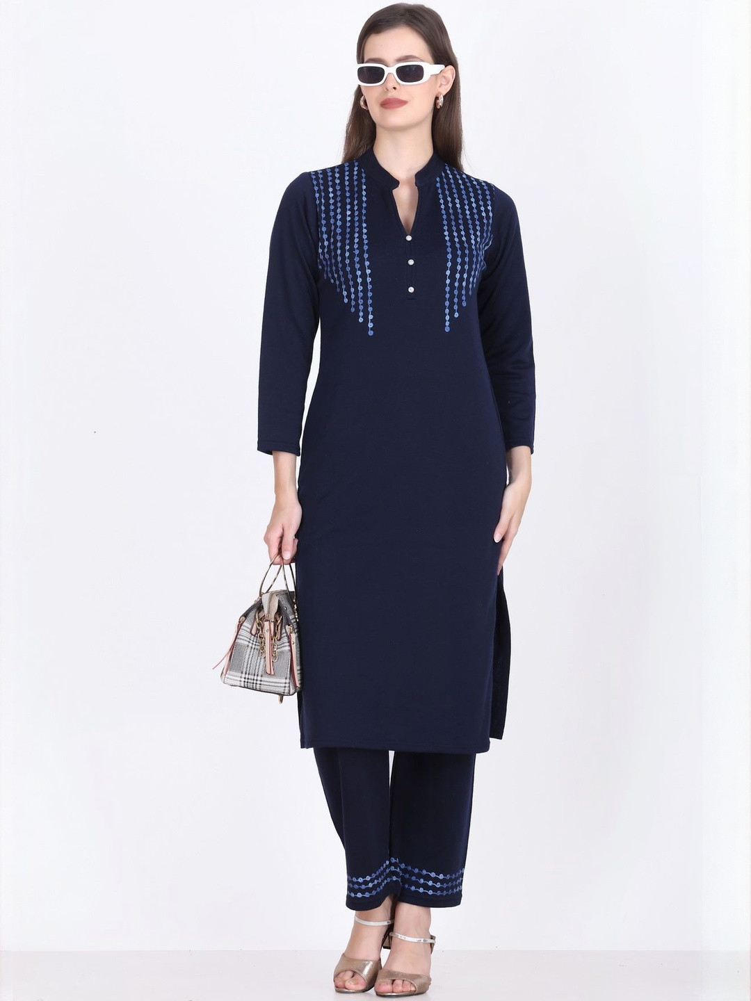 ROSARY Women Ethnic Motifs Embroidered Side Slits Mandarin Collar Kurta with Trousers