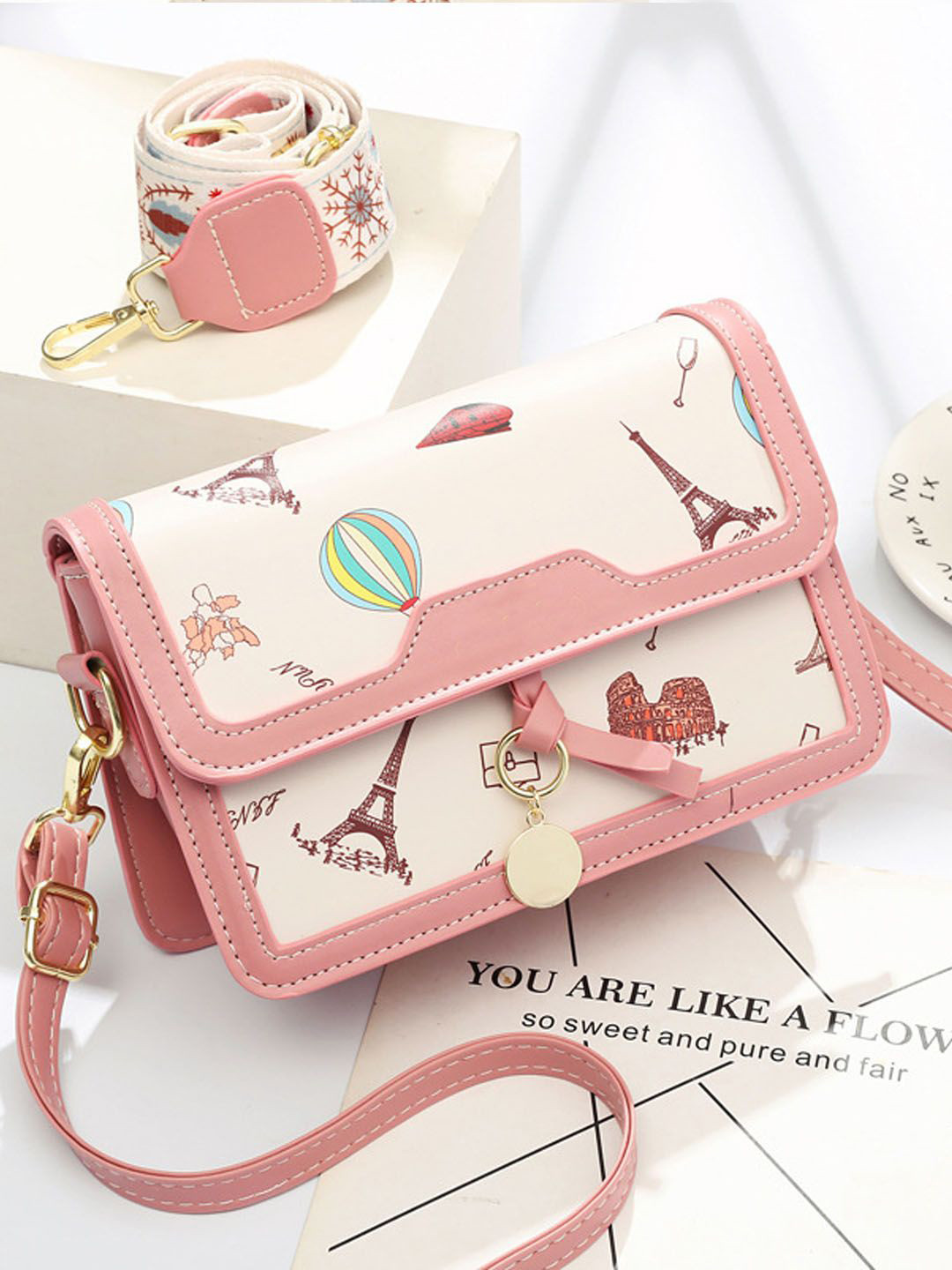 StyleCast Graphic Printed Detachable Sling Strap Bow Detail Crossbody Sling Bag