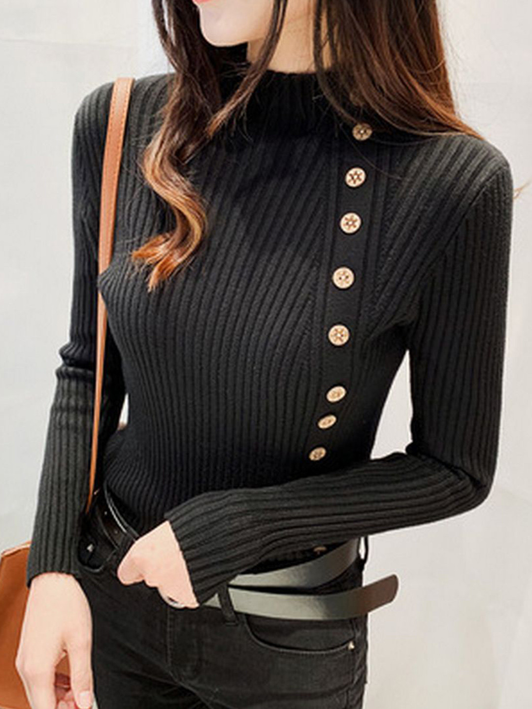 StyleCast Asymmetrical Button Ribbed Knit Pullover Sweater