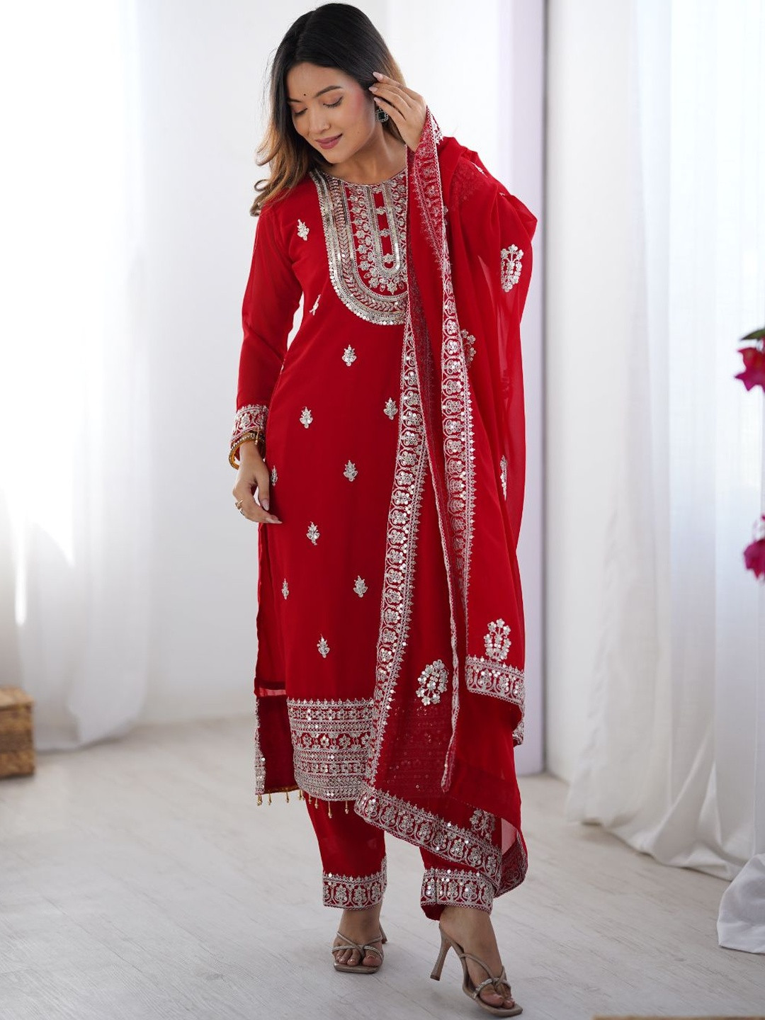 Varsha Fashion Ethnic Motifs Embroidered Gotta Patti Kurta With Trousers & Dupatta
