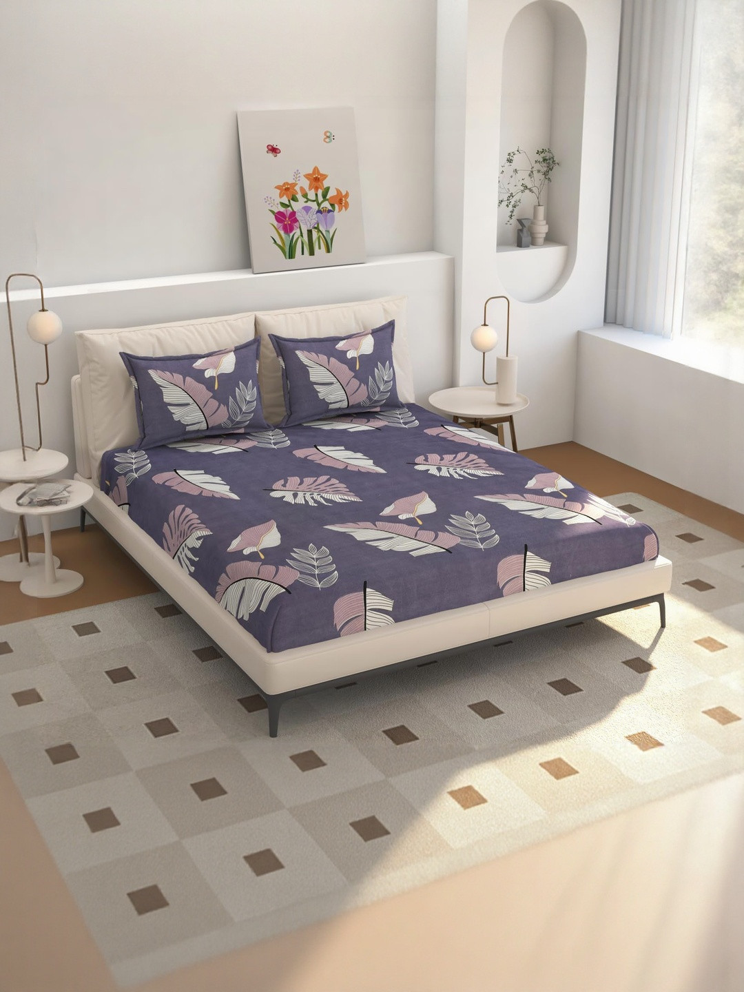 NEW TOWN Purple Ethnic Motifs Printed 210 TC Queen Bedsheet with 2 Pillow Covers