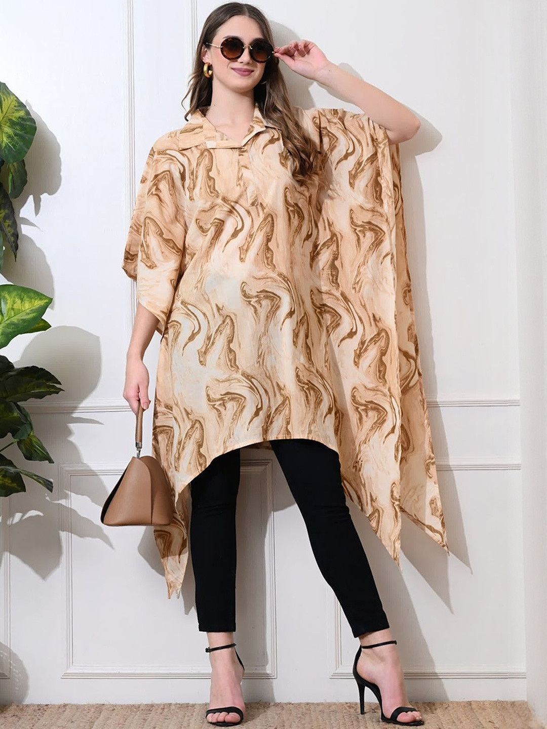 KALINI Beige Shirt Collar Printed Bohemian Tunic