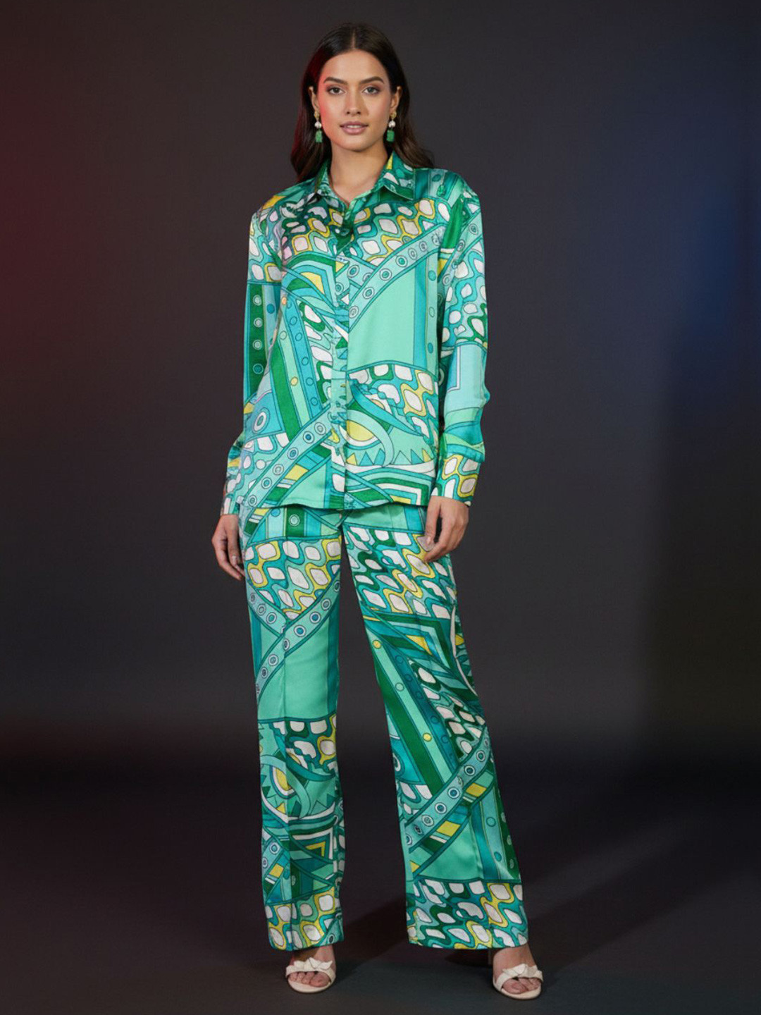 ZUMMER Women Blue Satin Abstract Shirt With Darted Pants Co-ord