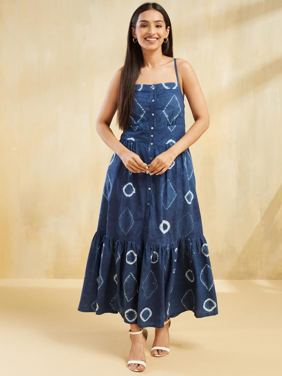 Fabindia Women Navy Blue Tie & Dye Shoulder Straps Sleeveless Tiered Dress