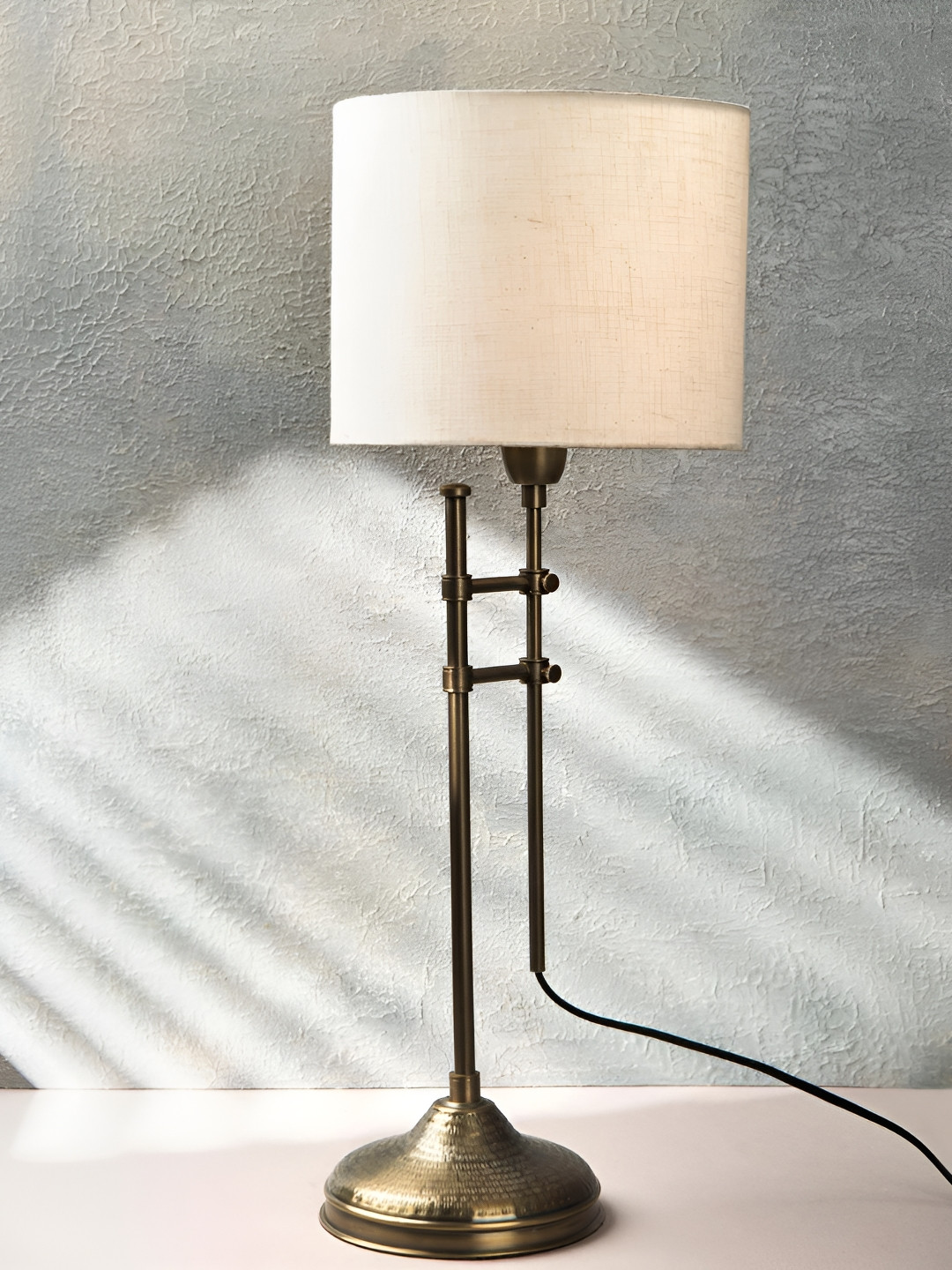 Fabindia Saaj Gold-Toned & Beige Textured Metal Cylindrical Shaped Table Lamp