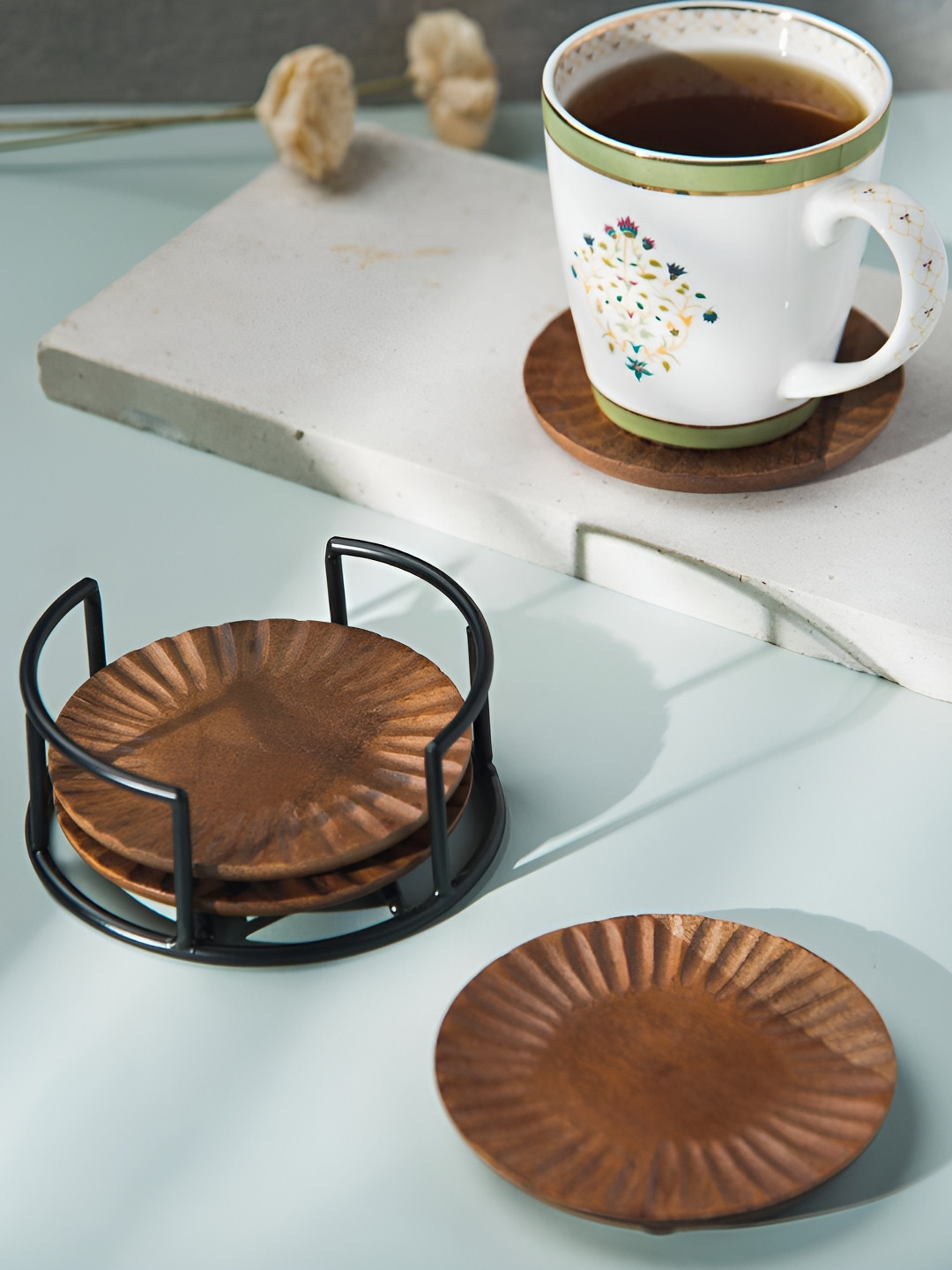 Fabindia Mahir Unisex Set of 4 Wooden Coasters with Stand