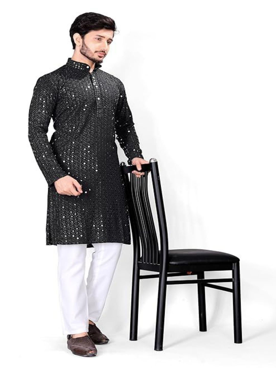 jay dwarkadhish Floral Embroidered Mandarin Collar Sequinned Straight Kurta