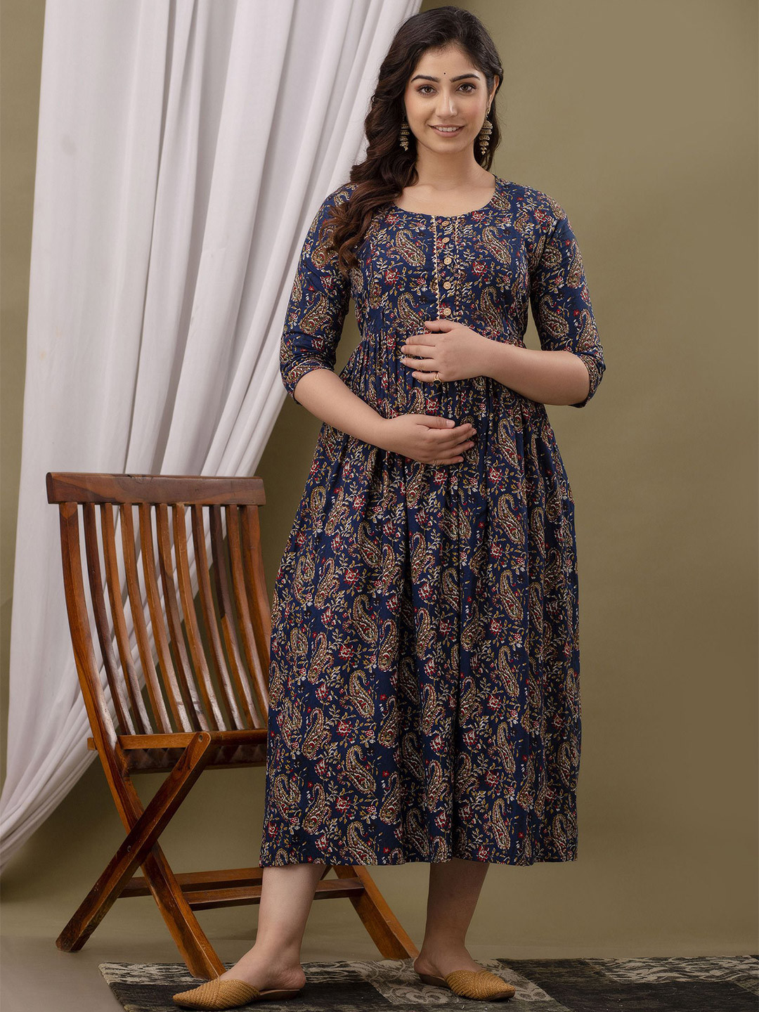 FACON GRAVIDA Paisley Printed Round Neck Maternity Fit & Flare Cotton Midi Dress