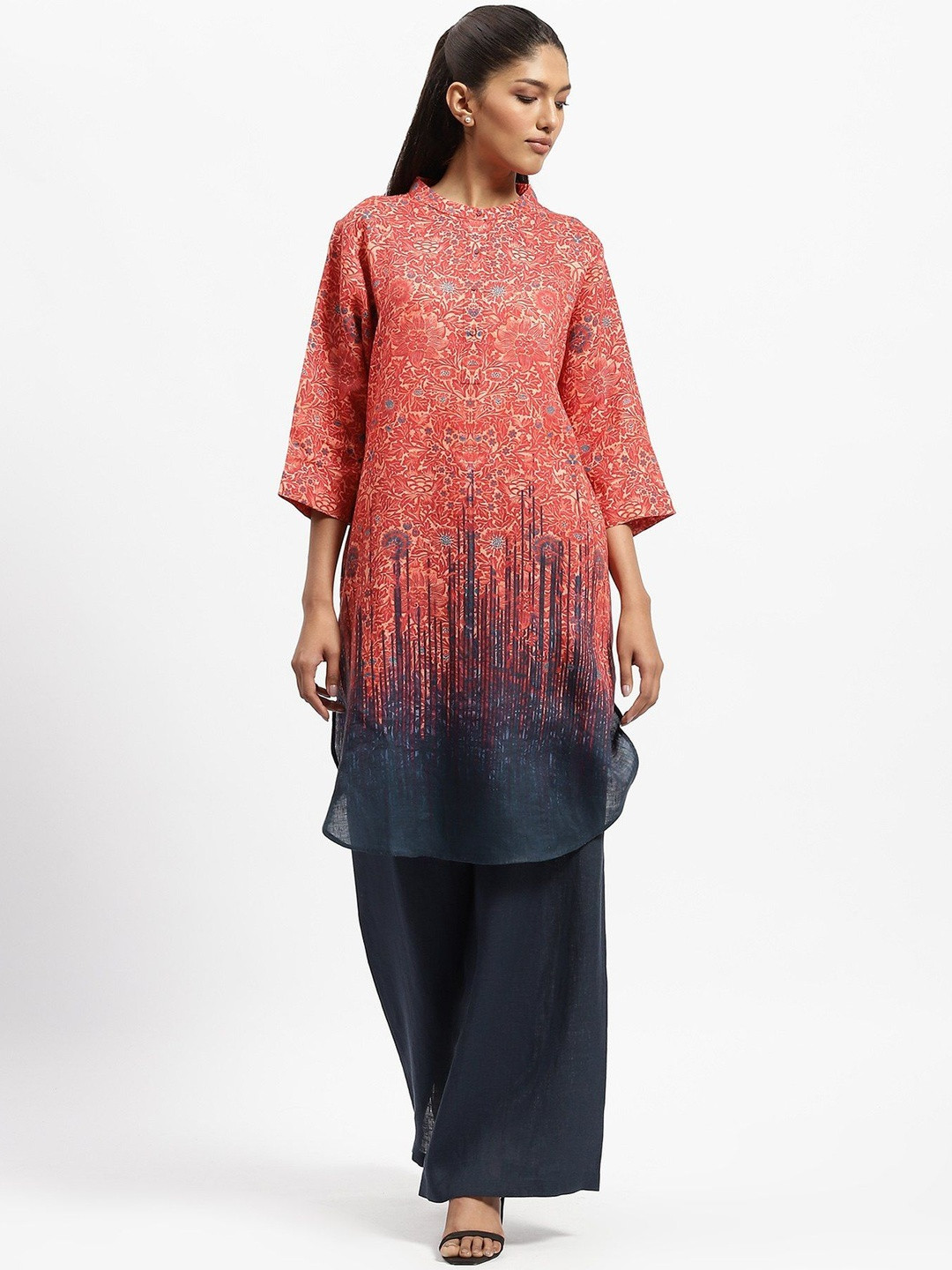 Satya Paul Floral Printed Mandarin Collar Linen Kurta