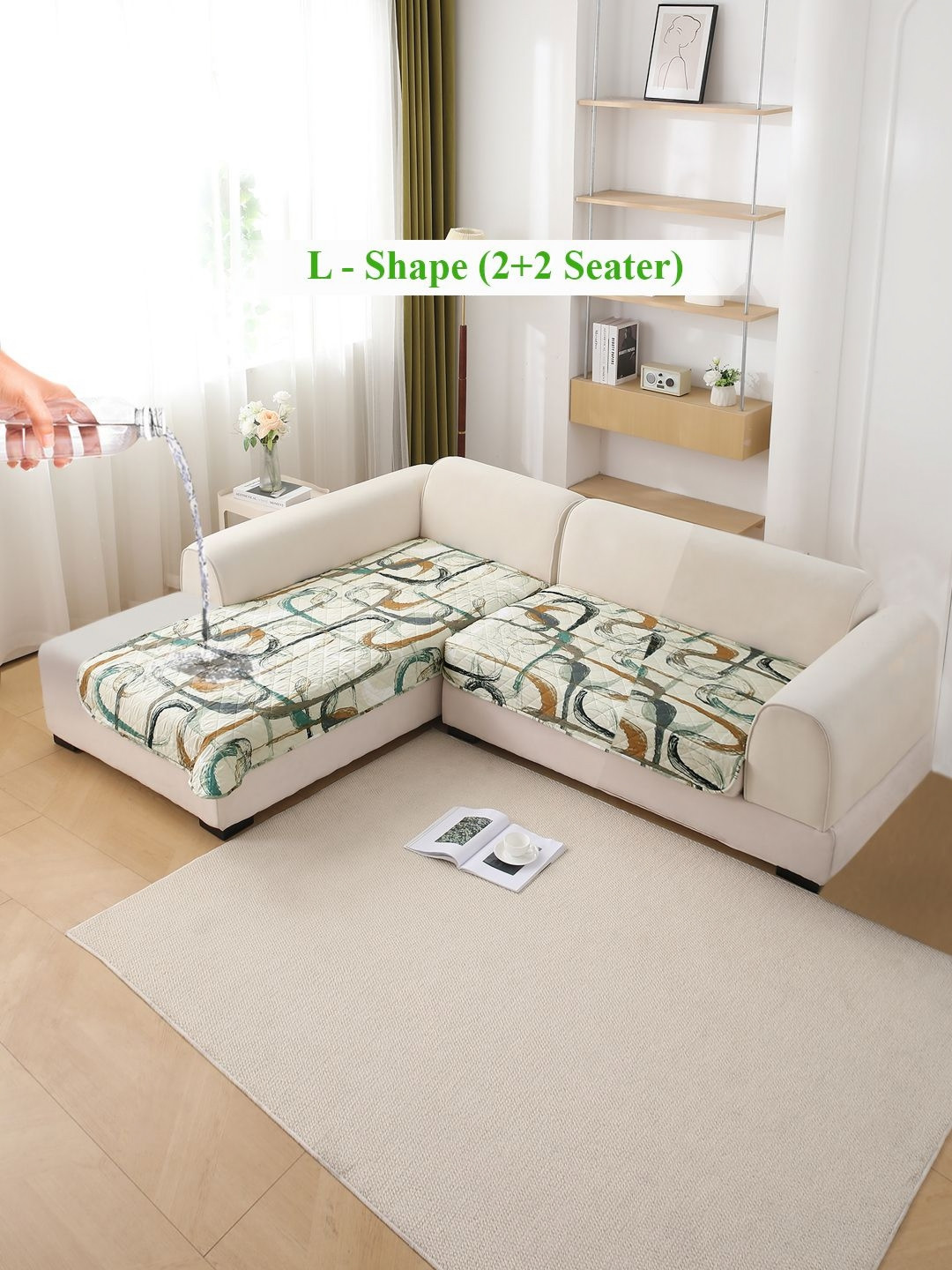 HOKIPO Parchement Beige 2 Pcs Abstract Art Printed Waterproof 4 Seater Sofa Seat Cover Mat
