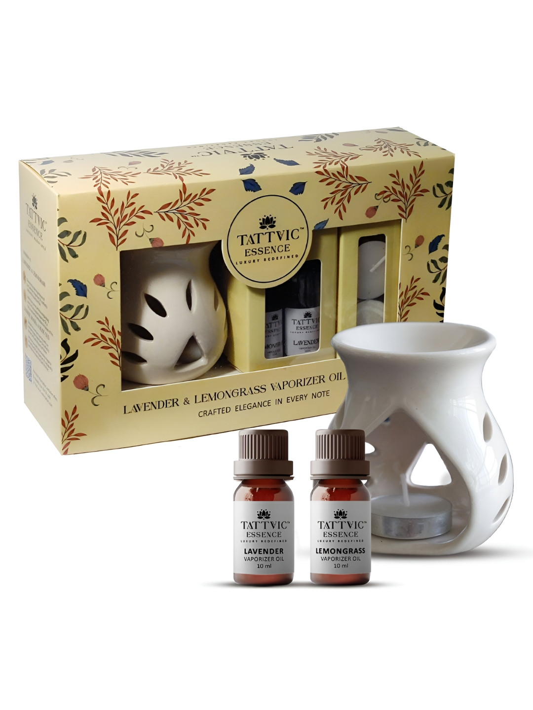 Tattvic Beige 9 Pieces Ceramic T-light Aroma Diffuser With Fragrances Oils - 10 ml Each