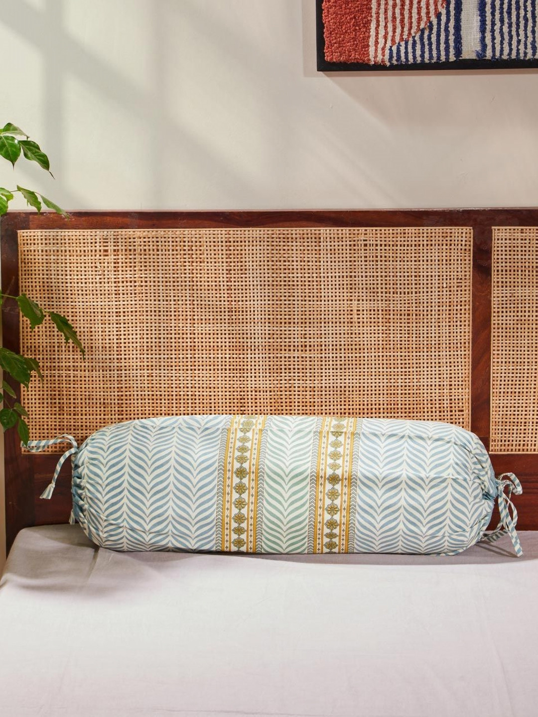 Fabindia Teal Blue & White Colored Printed Cotton Bolster Covers