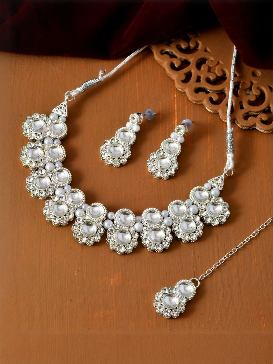 Jewels Nest Stainless Steel Silver-Plated AD Studded & Mirror-Detailed Jewellery Set