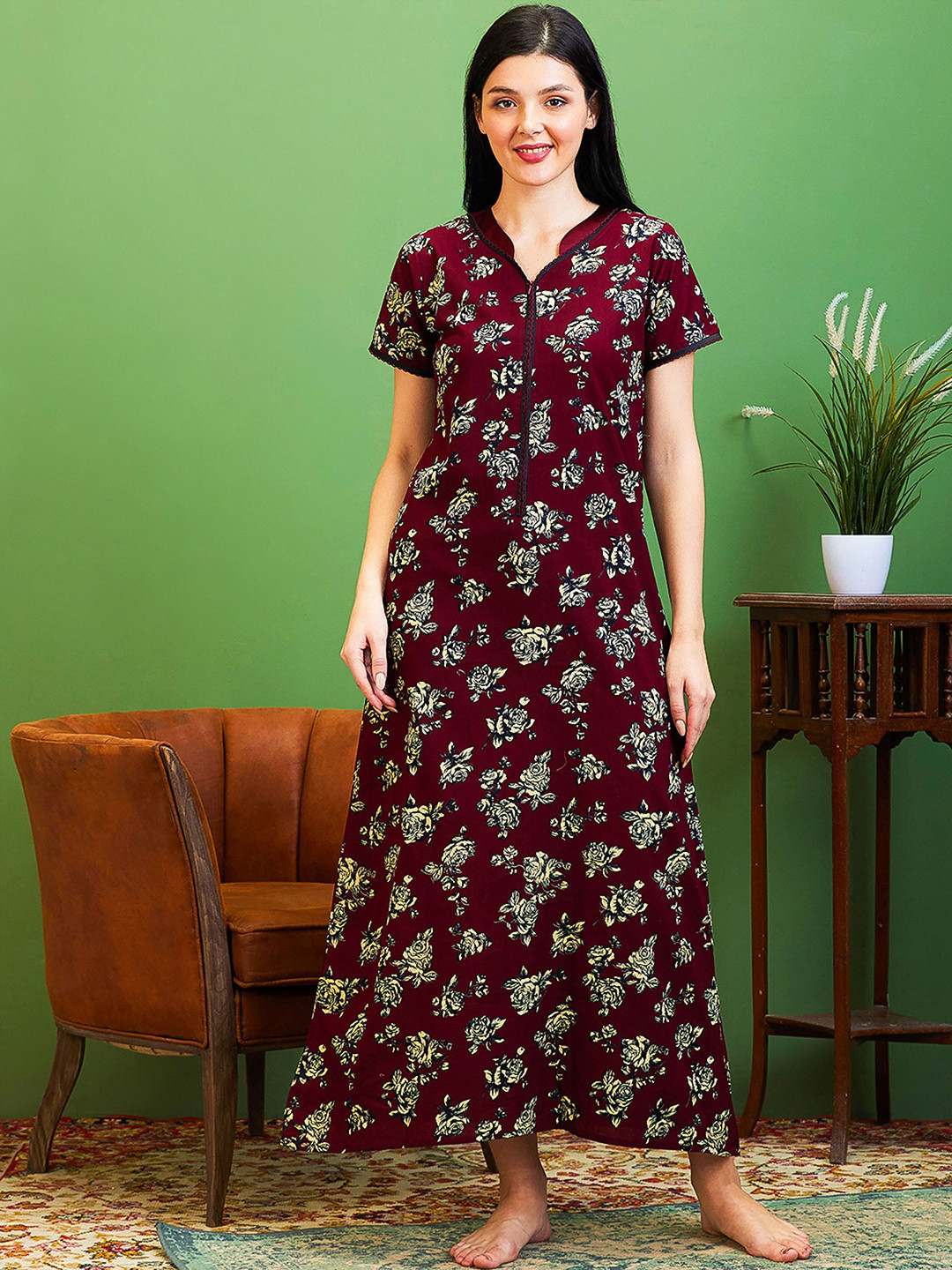 AV2 Women Floral Printed Short Sleeves Pure Cotton Maxi Nightdress