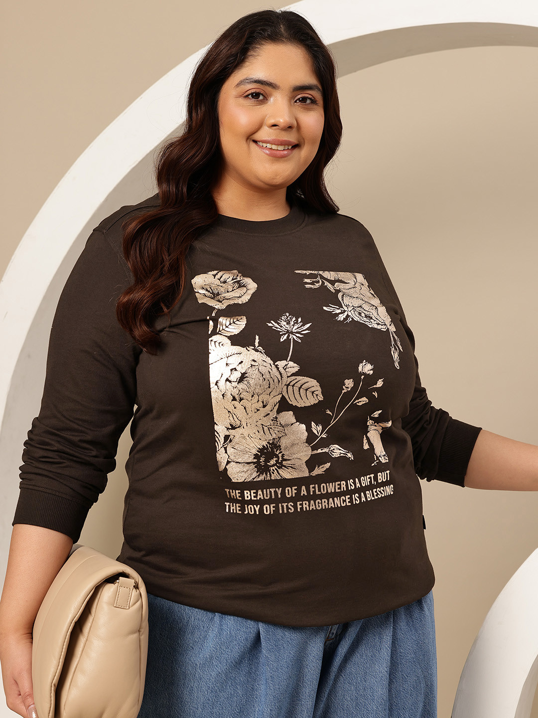 Sztori Plus Size Sheen Typography Printed Sweatshirt