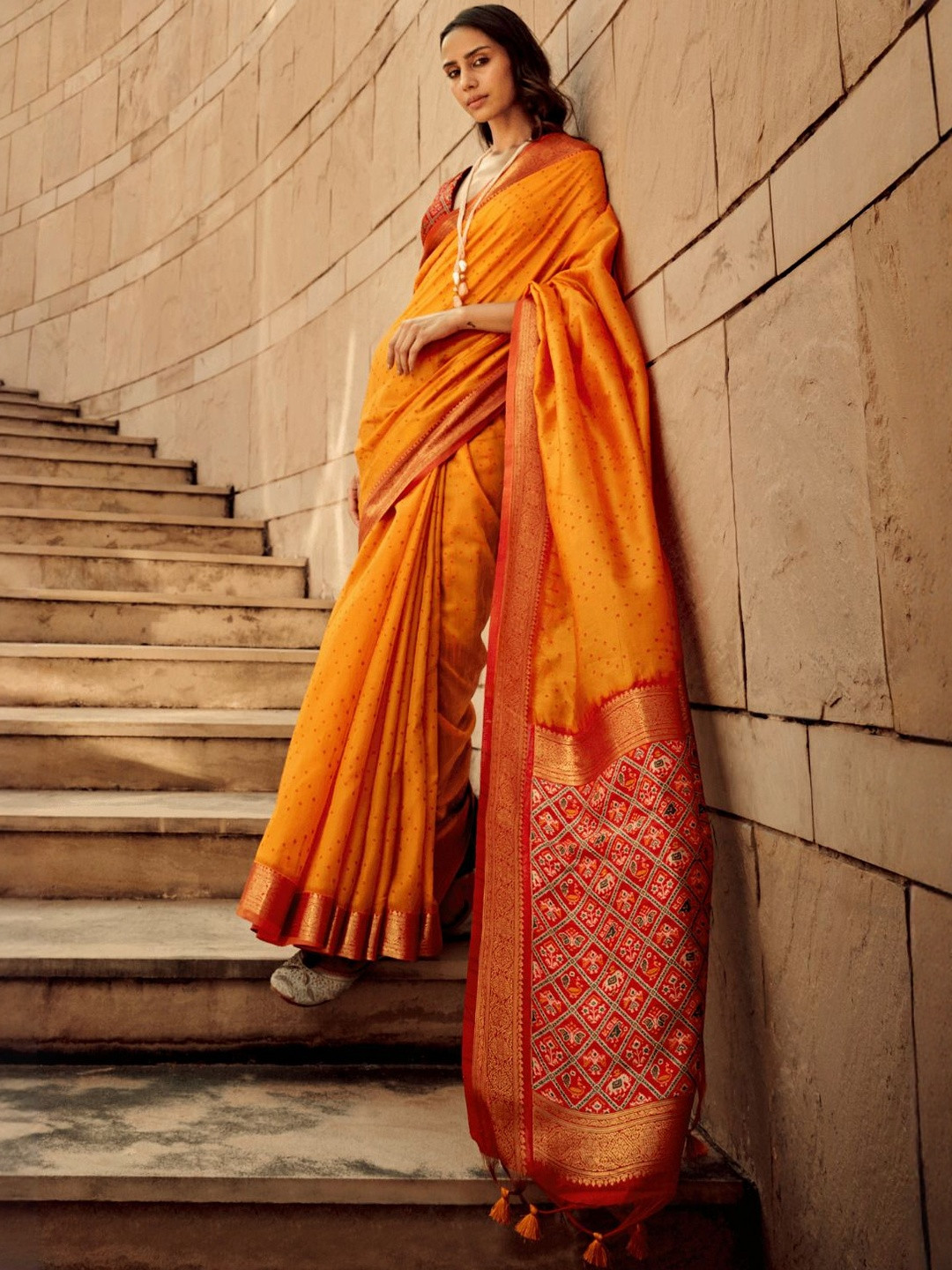 Peach Petals Ethnic Motifs Woven Design Zari Khadi Saree With Blouse Piece