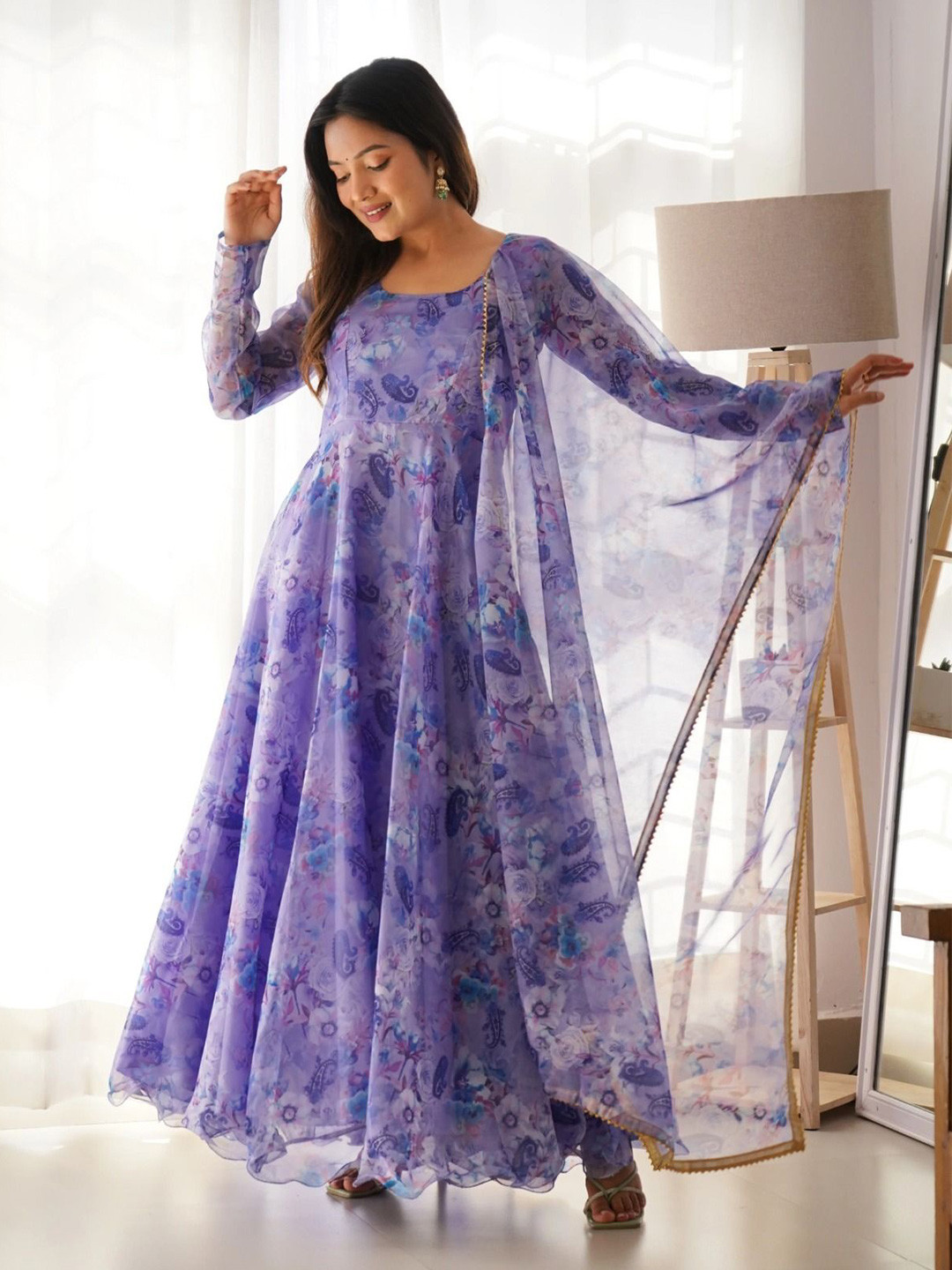Siya Fashion Floral Printed Georgette Maxi Ethnic Dress With Dupatta