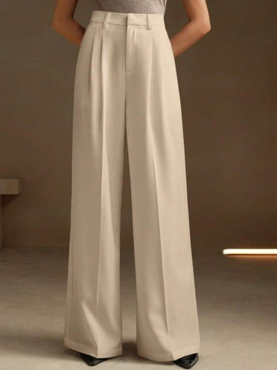 BROADSTAR Women Smart Loose Fit High-Rise Easy Wash Pleated Trousers