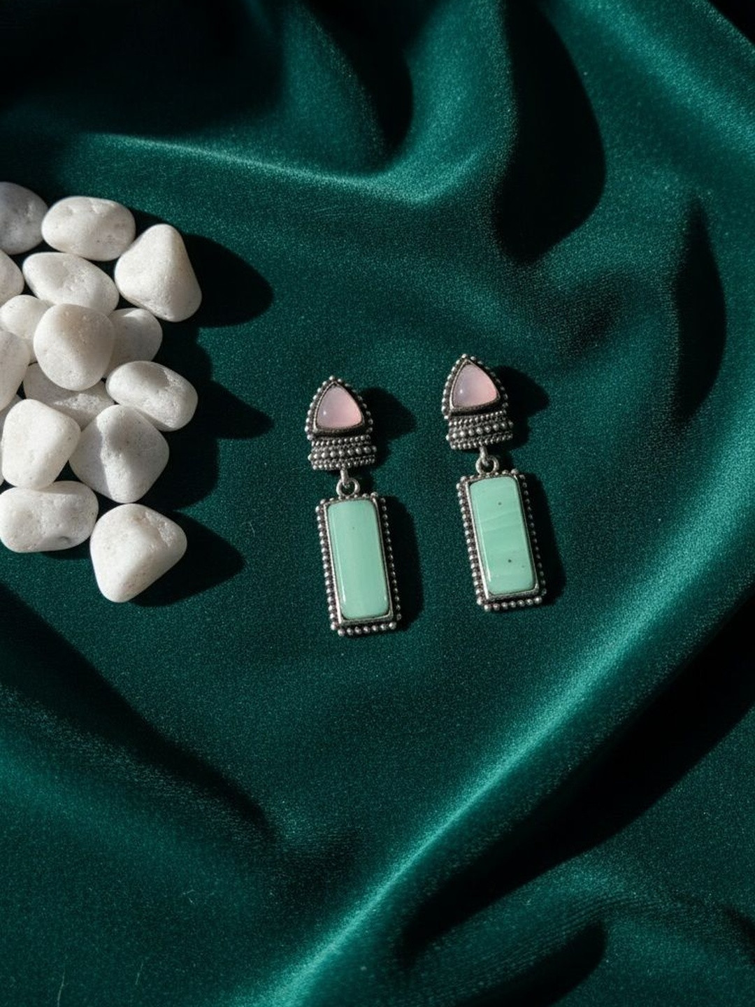 Frap Silver-Plated Artificial Stones Studded And Beaded Geometric Drop Earrings