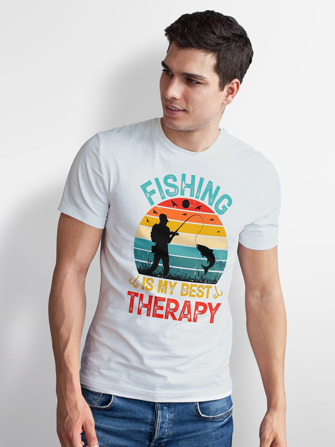 Seekbuylove Men Bio Finish Fishing Is My Best Therapy Round Neck Pure Cotton T-shirt