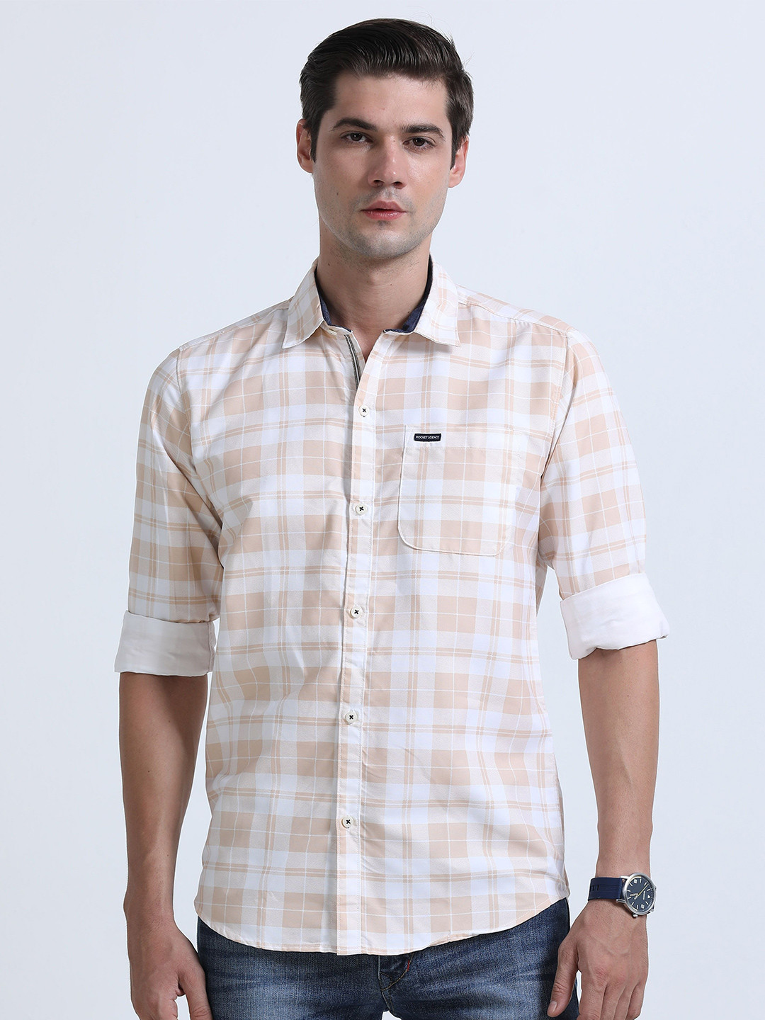 Rocket Science Windowpane Checks Checked Comfort Roll-Up Sleeves Slim Fit Shirt