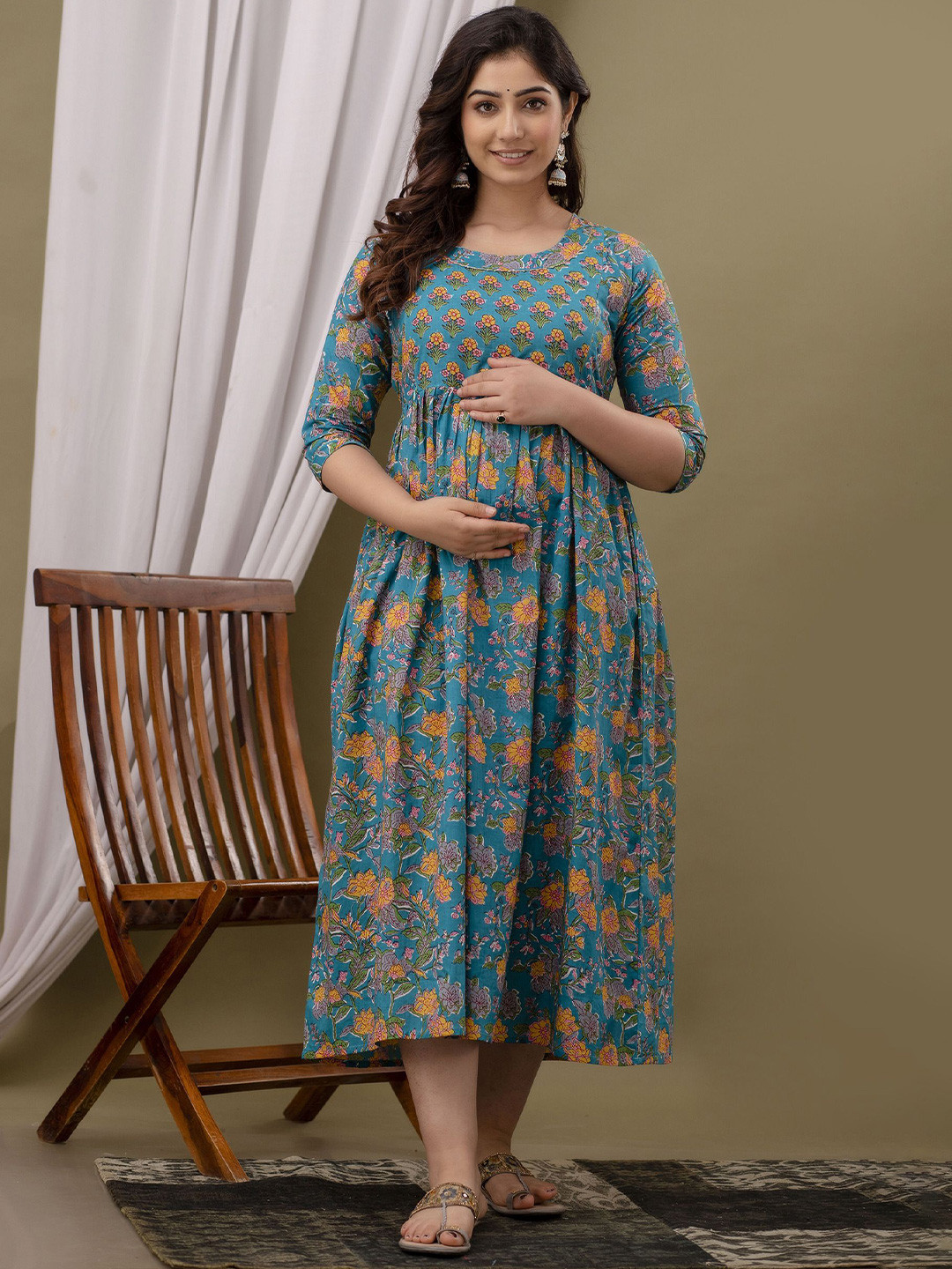 FACON GRAVIDA Floral Printed Maternity Fit & Flare Cotton Midi Dress