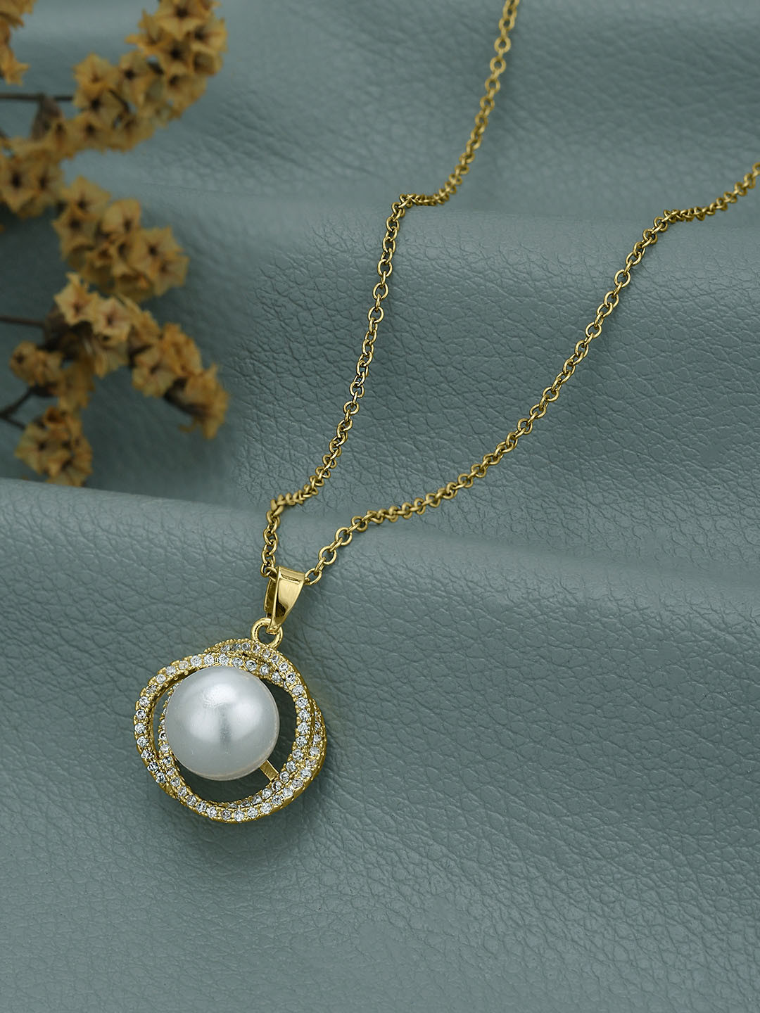 Carlton London Gold Plated CZ White Pearl Contemporary Pendant and Chain